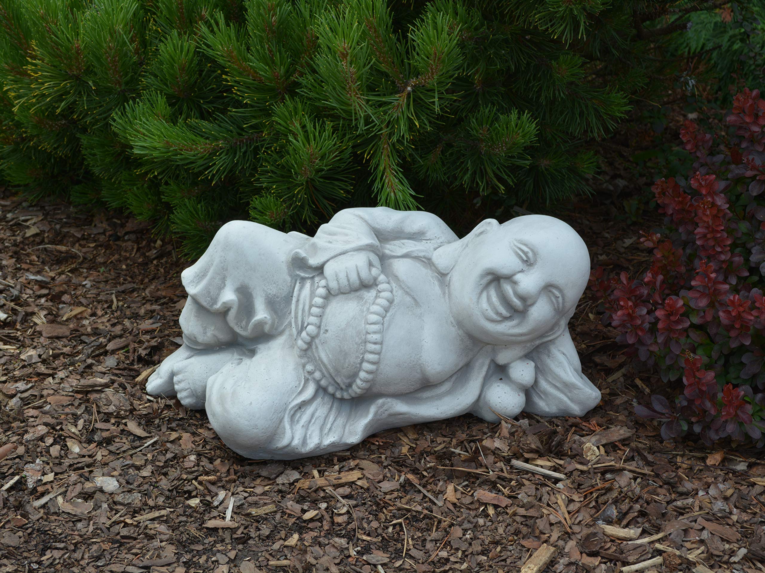 gartendekoparadies.de Lachende Buddha Statue aus Steinguss, Grau, Frostsicher, H. 18 cm, 14 kg, für Außenbereich