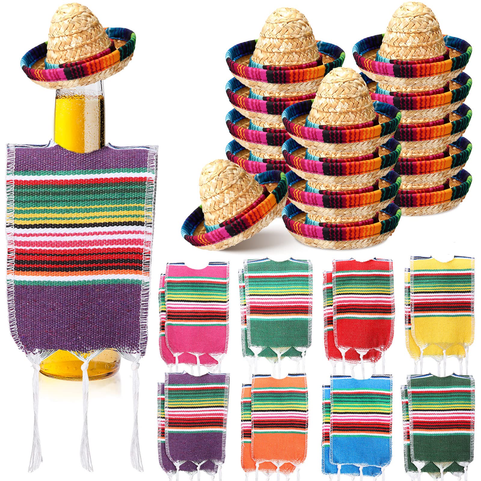 Panitay 16 Sets Tiny Sombrero Hats Mini Serapes for Bottles Beer Poncho Cover Sombrero Bottles Topper for Mexican Fiesta Party Decor