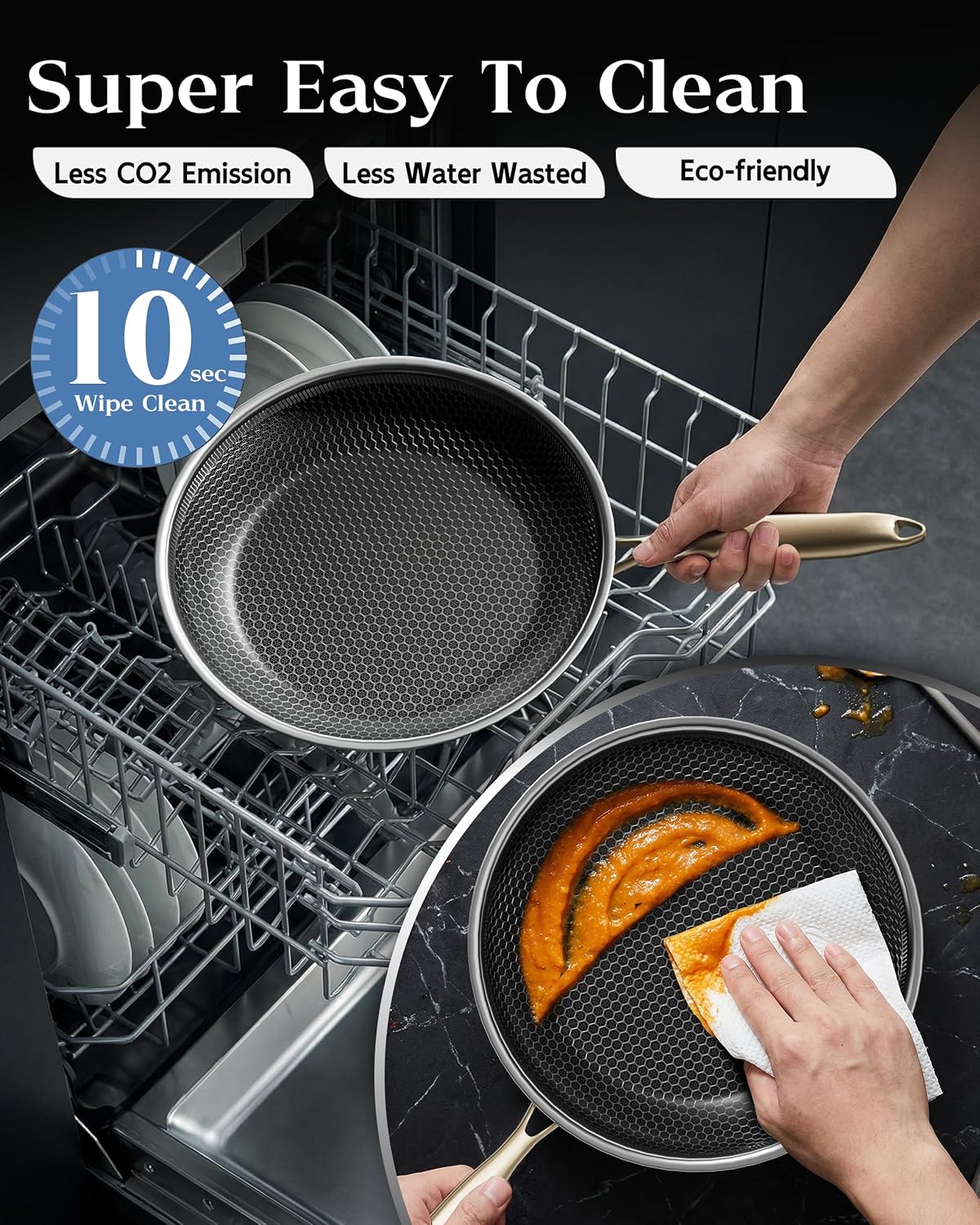 Honeycomb Stainless Steel Nonstick Frying Pan with Lid 8 Inch, Induction Cooktop Compatible Skillet, PFOA-Free Scratch-Proof, Dishwasher & Oven Safe, Stay-Cool Handle, Gold Kitchen Cookware