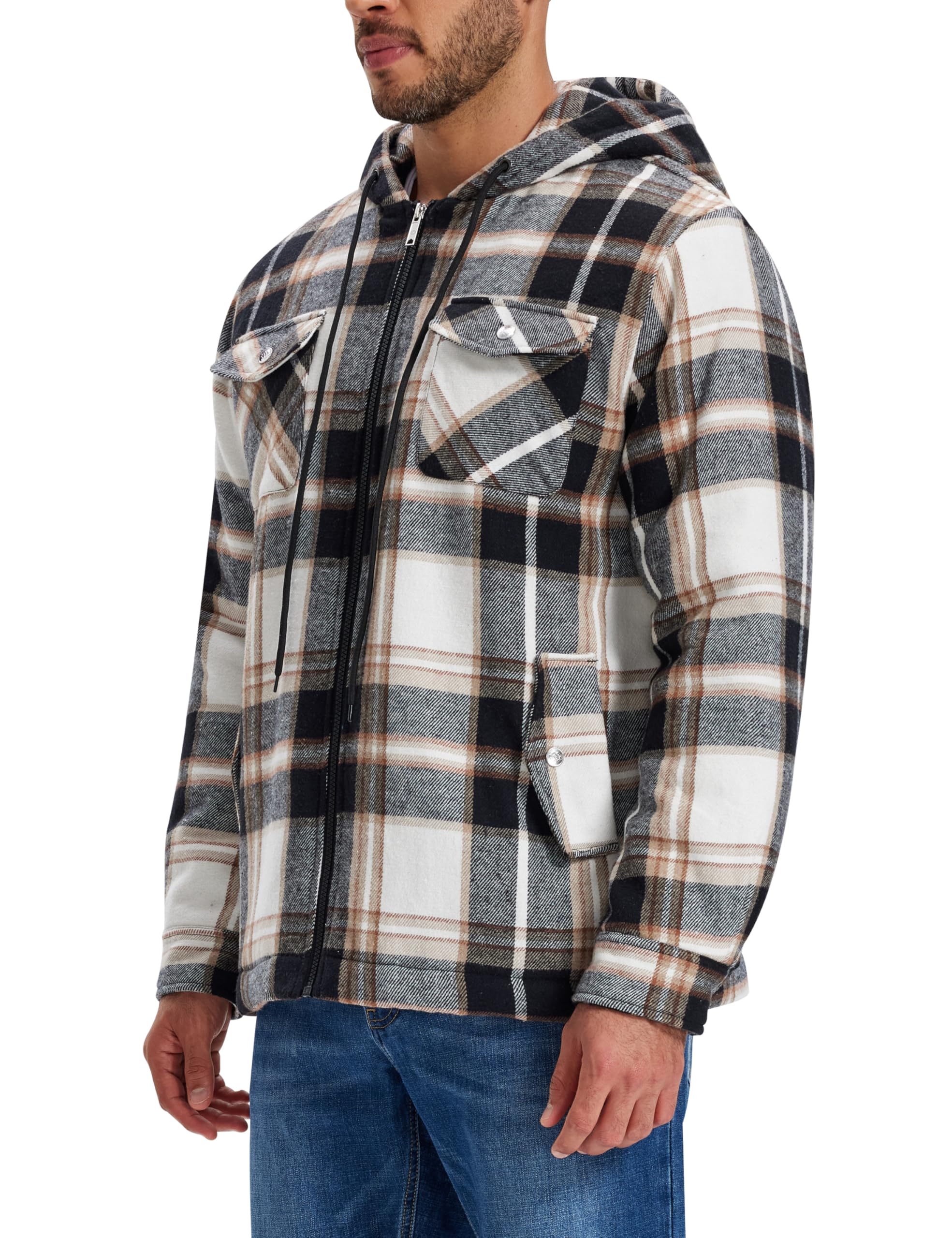 MoFiz Herren Karierts Flanellhemd Gefüttert Hemdjacke Thermo Kapuzenhemd Langarm Freizeithemd Baumwolle Reißverschluss Winterjacke Warm Dicke Holzfällerhemd mit Kapuze