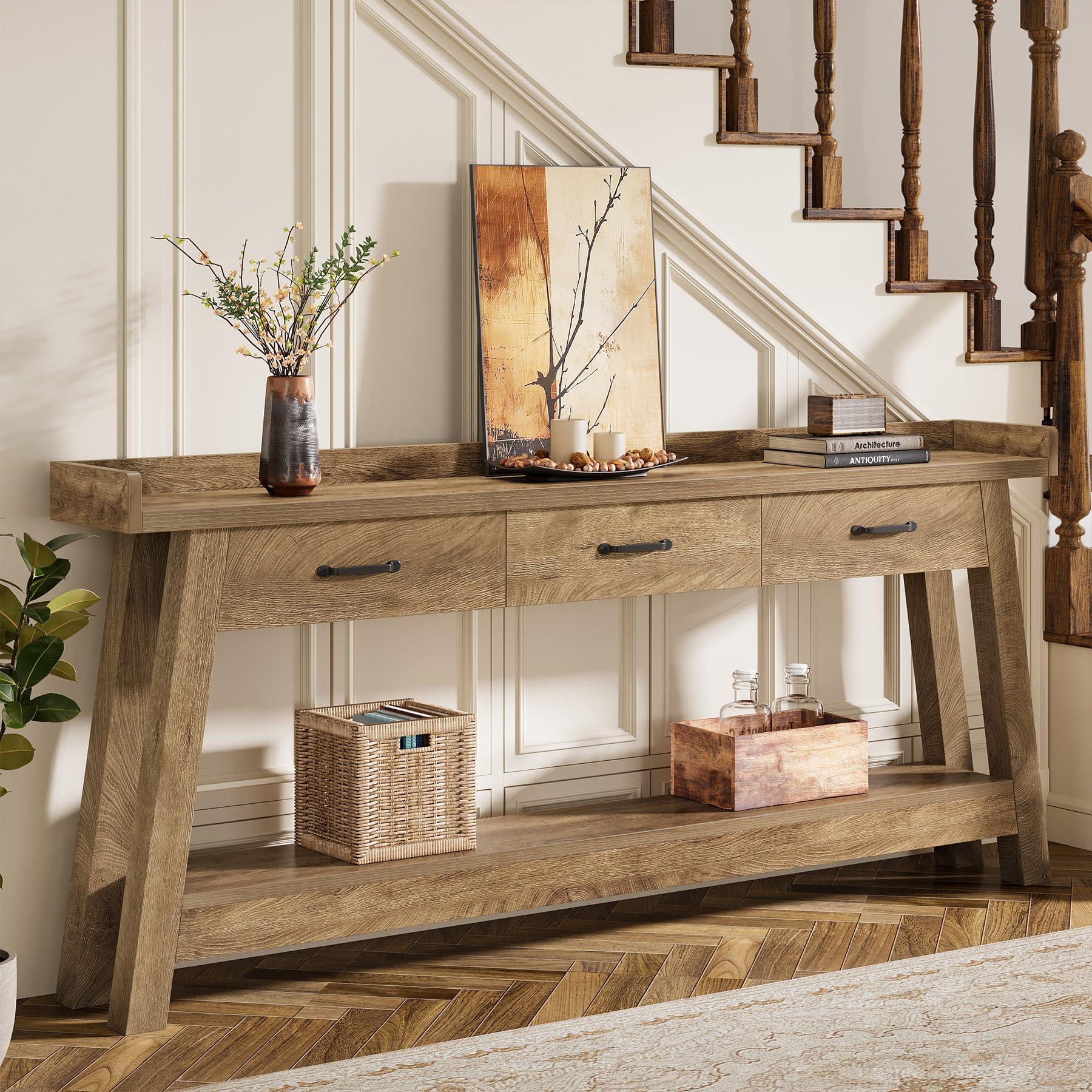 Tribesigns 70.9-Inch Extra Long Console Table with 3 Drawers, 2-Tier Sofa Table with Raised Edge & Open Storage Shelves for Living Room, Entryway, Hallway