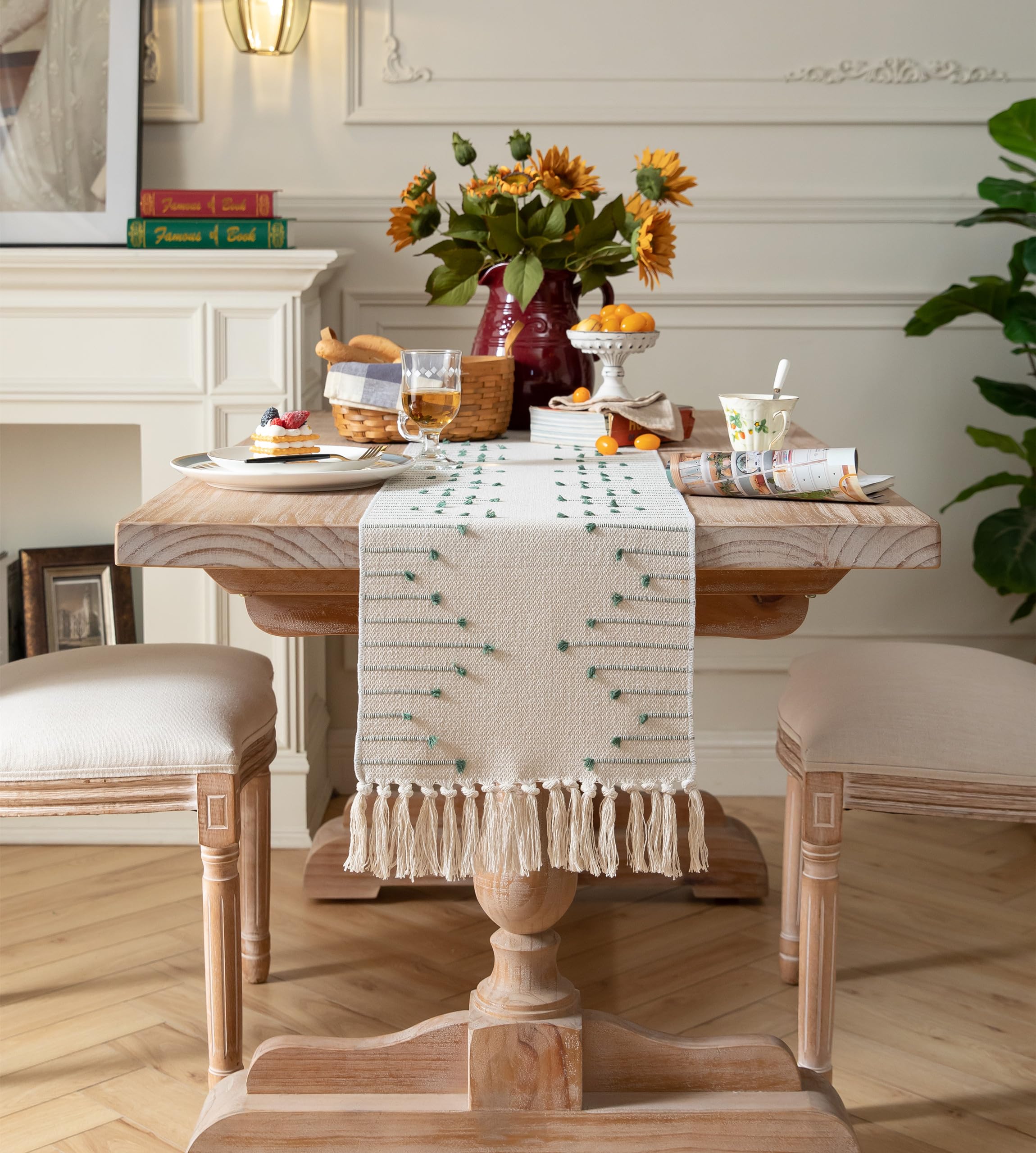 Green Beige Cotton Table Runner - Rustic Boho Style -6