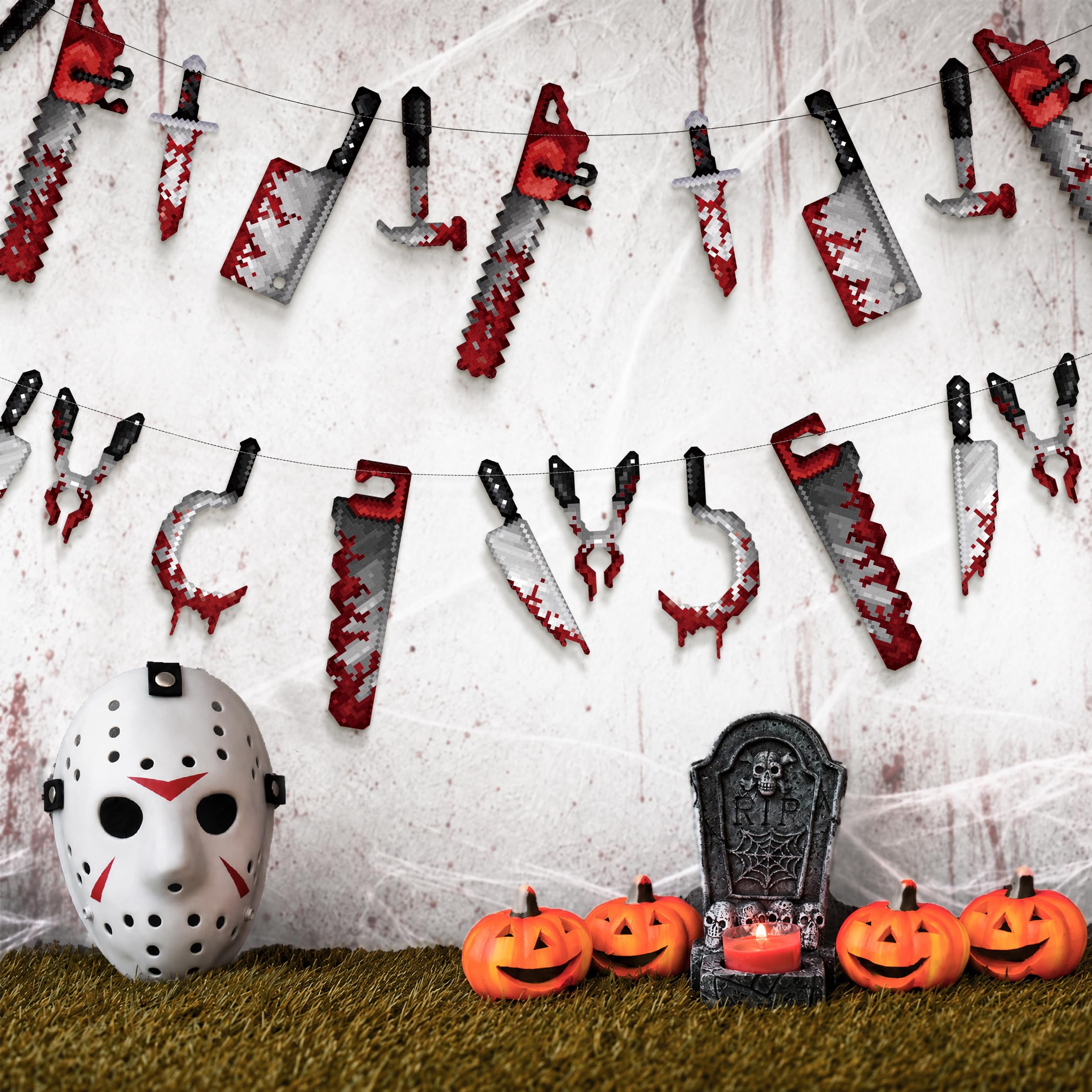 Cheerland Halloween Party Decorations Bloody Weapons Banner Horror Scary Garland Decor for Creepy Movie Theme Birthday Carnival Spooky Props Pixel Design Horror Video Game Party Supplies