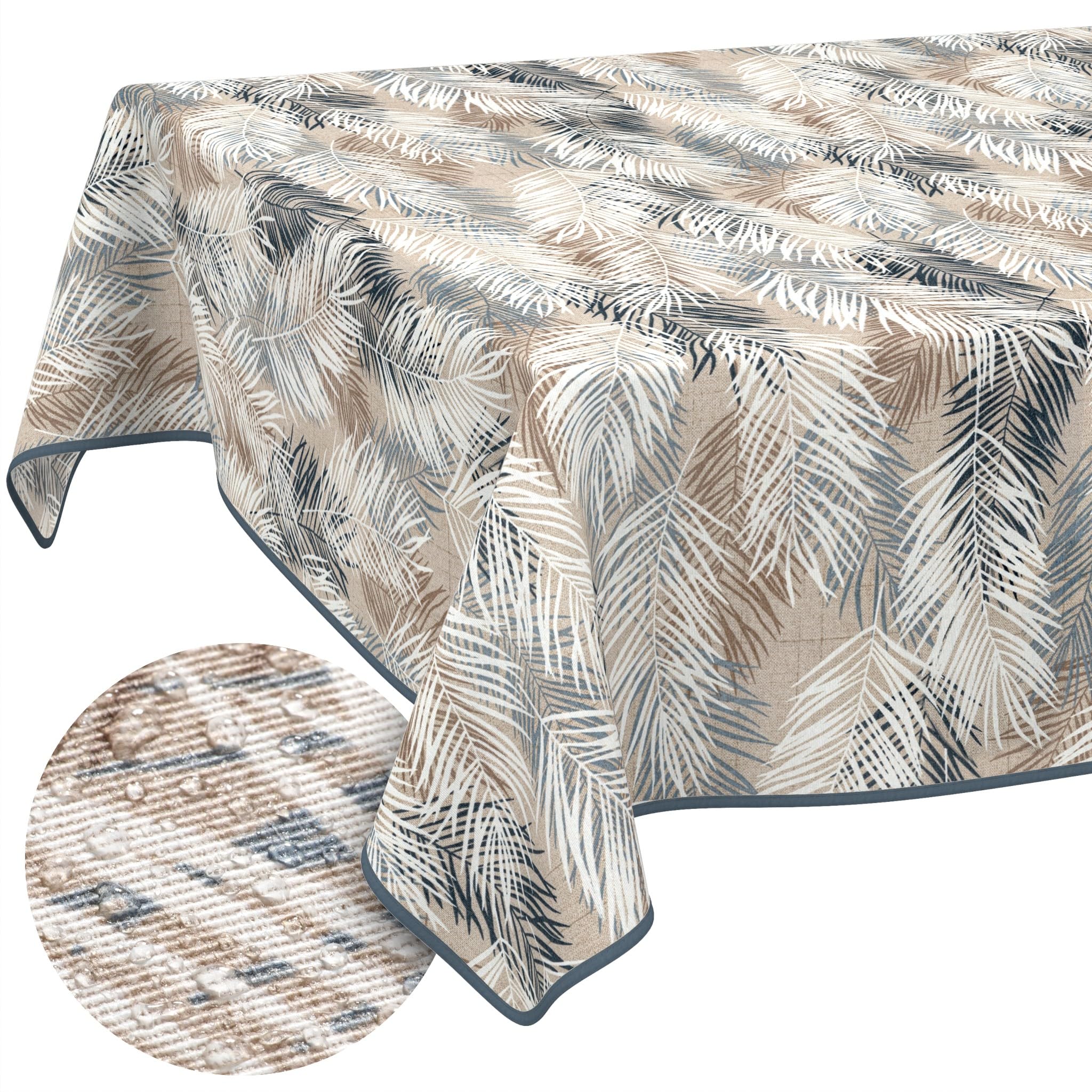 ANRO Washable Tablecloth Leaves Grey Beige Rectangular 240 x 140 cm - Water-Repellent Indoor Outdoor Lotus Effect with Hem