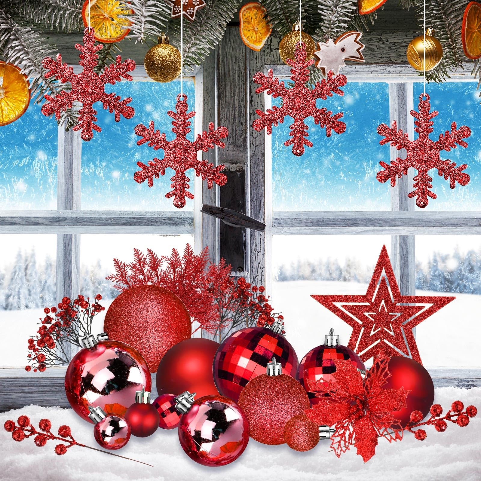 Lot de 94 décorations de sapin de Noël comprenant des boules de Noël à paillettes - Poinsettia - Fleurs de poinsettia à paillettes - Tiges de baies à paillettes pour Noël, vacances, mariage (rouge)