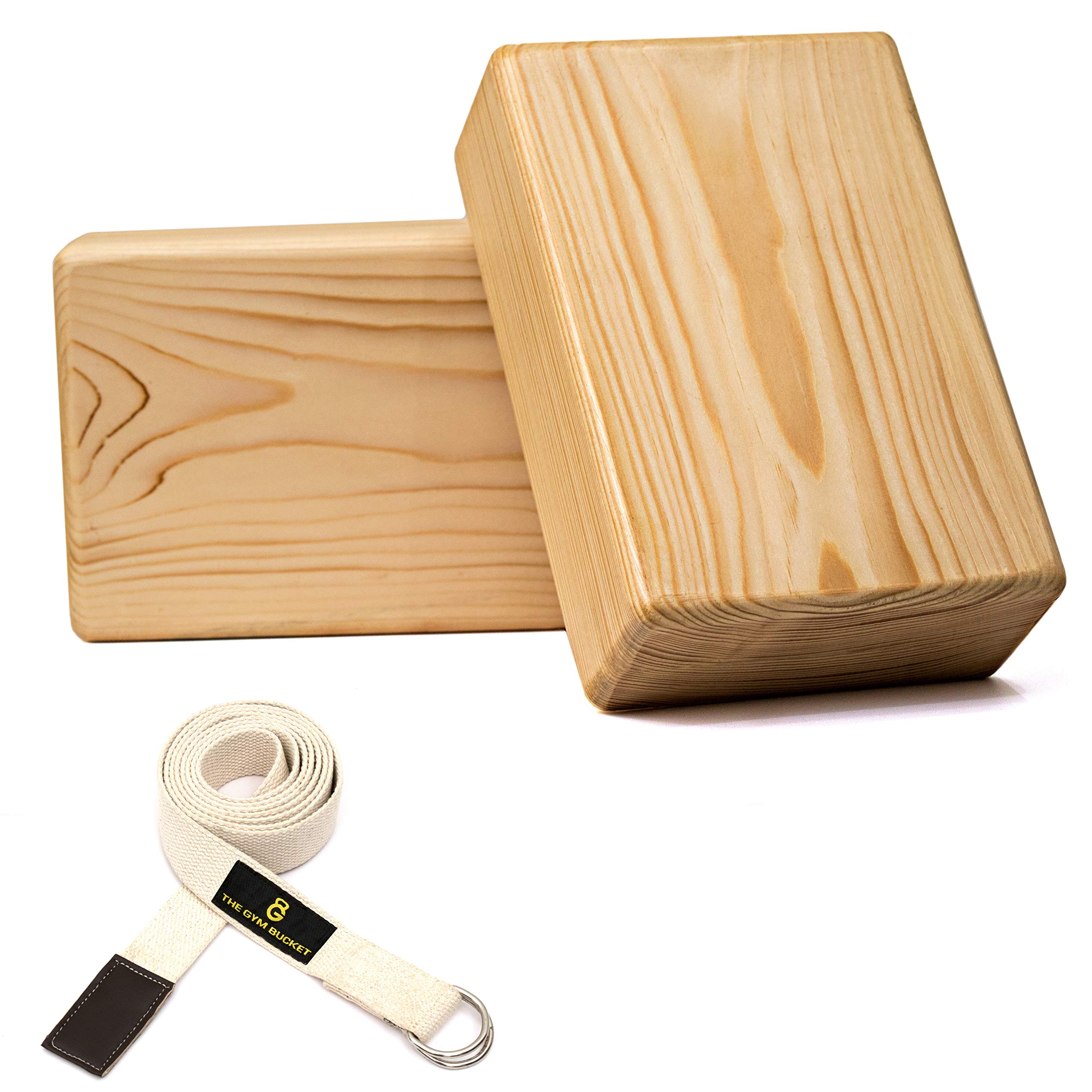 The Gym Bucket Solid Wood Yoga blocks – Natural Eco-Friendly High-Density Support Wooden Brick – Sustainable Timber for Pilates, Stretching, and Advanced Balance Yoga Poses (2 PC BLOCKS + 1 PC YOGA BELT)