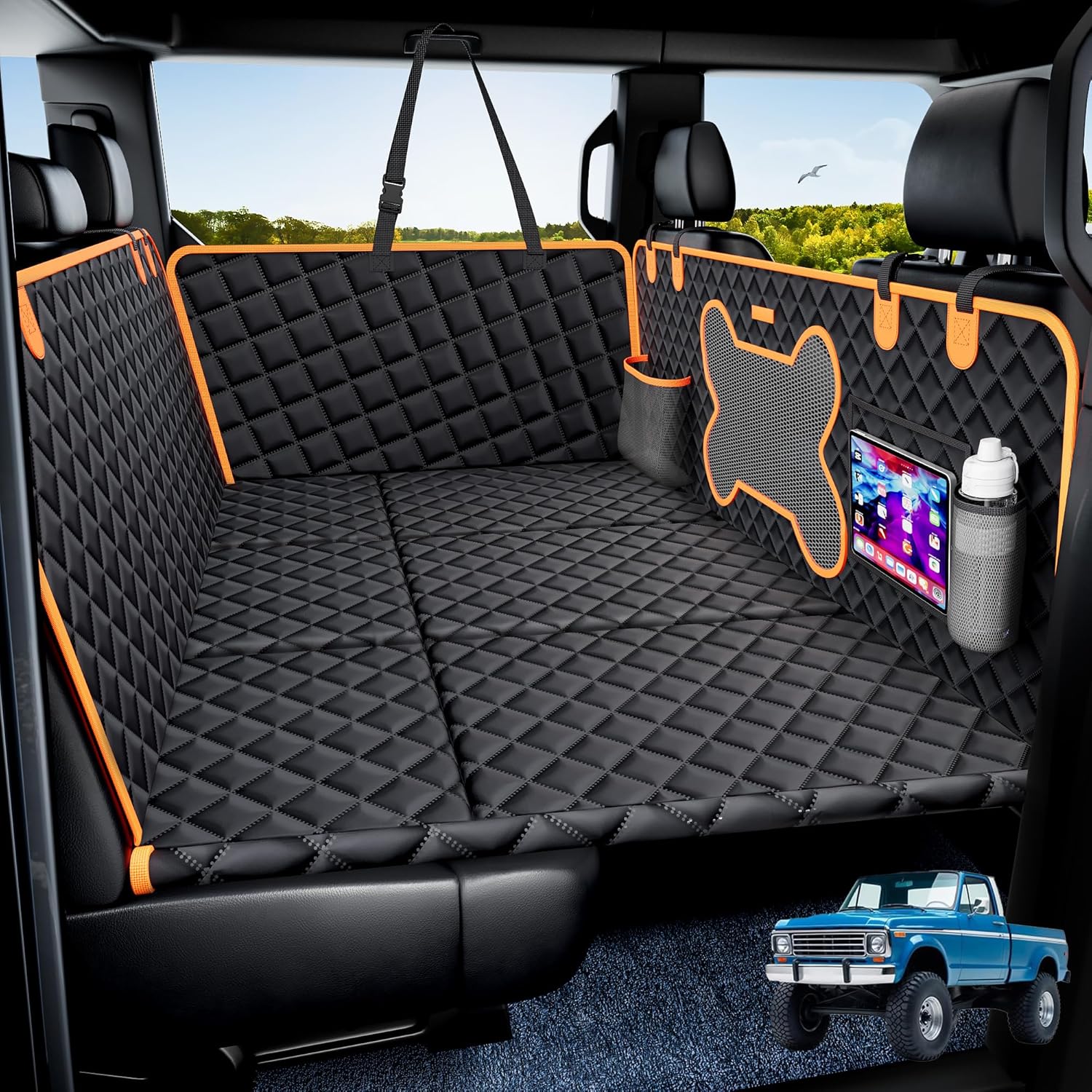 Truck Dog Seat Cover for Back Seat, Hard Bottom Dog Hammock Support to 450 lbs, Waterproof & Scratch-Proof Pet Bed Extender for Full Size Crew Cab Truck SUVs F150, Black with Orange Frame Black with Orange Frame XXL Full Size Truck Hard Bottom