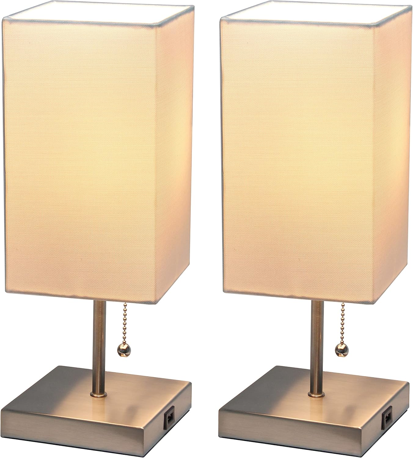 Simple Designs LC2003-WHT-2PK Small 2 Pack USB Charging Bedside Lamp Set, Brushed Steel/White