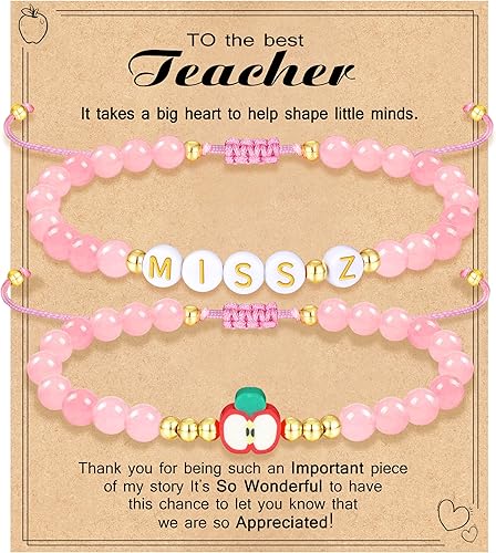 Teacher Appreciation Bracelet Gifts for Women Initial Beaded Bracelets Back to School Thank You Teacher Gifts 2pcs Link Bracelet New Teacher Graduation Gift Birthday Retirement Teachers' Day Jewelry