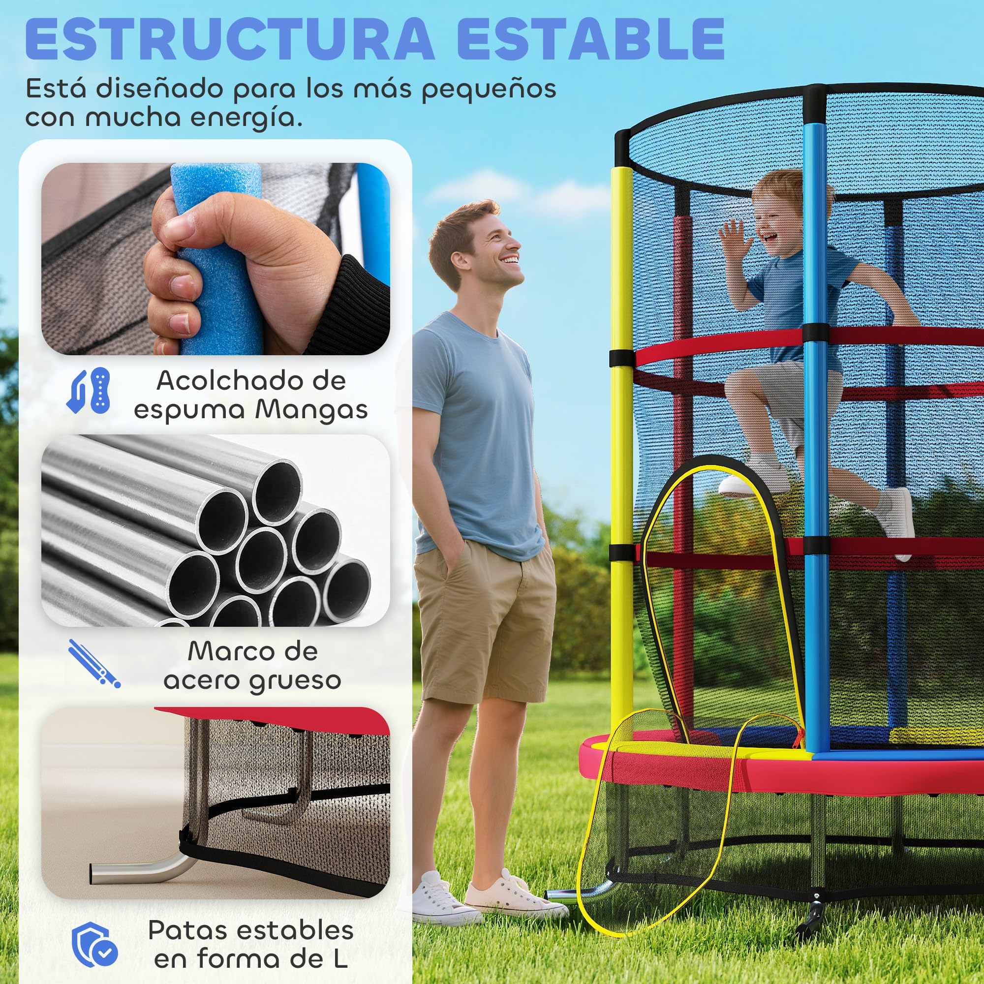 HOMCOM Cama Elástica Infantil, Ø160 cm, Trampolín para Niños de 3-6 Años con Red de Seguridad, Patas en Forma de L, Carga 45 kg, para Interior y Exterior, Multicolor