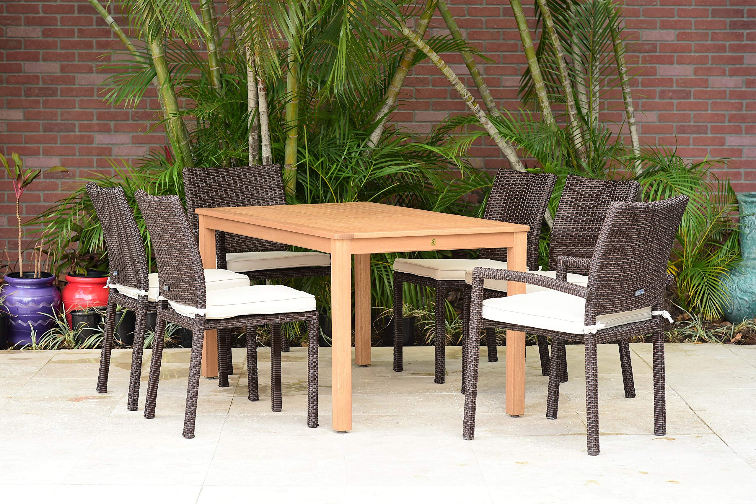 AmazoniaWilshire 7 Piece Rectangular Eucalyptus Patio Dining Set | Teak Finish and Brown Wicker Chairs with Cushions| Durable and Ideal for Indoors and Outdoors