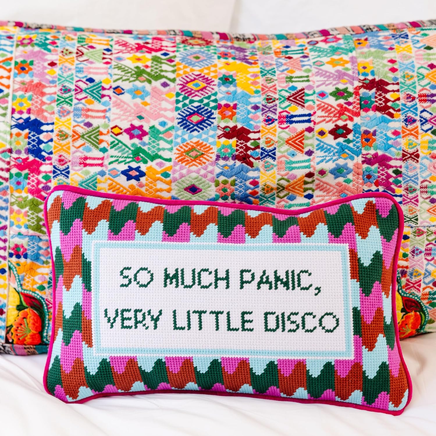 FURBISH Needlepoint Decorative Throw Pillow - Panic at The Disco - 9"x15" - Small Embroidered Designer Pillow for Living Room, Couch, Sofa, Chair & Bed - Eclectic Home Decor