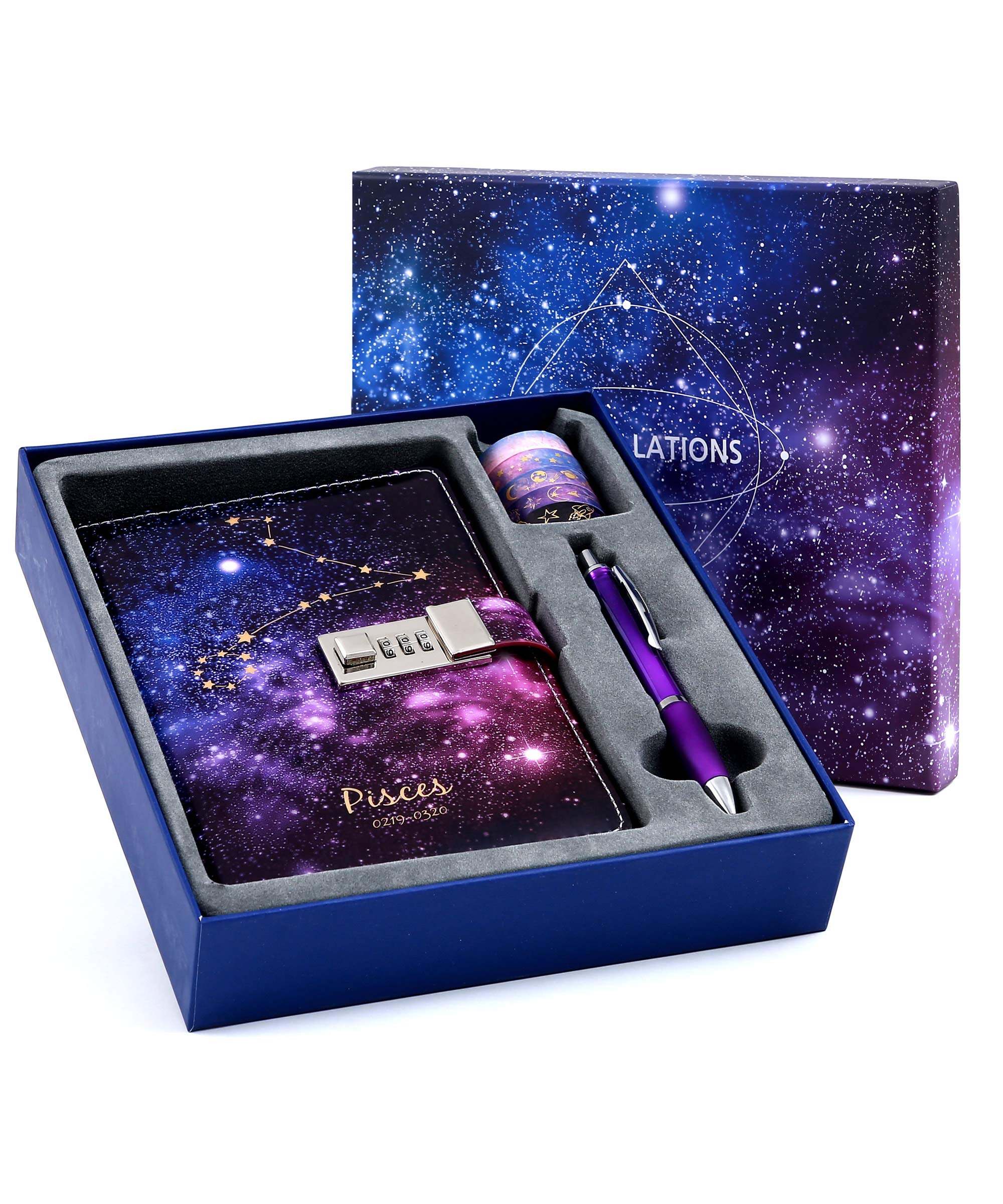 CAGIE Starry Constellation Lock Diary Set Gift Box with Pen & Tapes Secret Diary with Lock for Kids Girls Women Purple Journal Kit with Lock for Anniversary Birthday Holiday(Pisces)