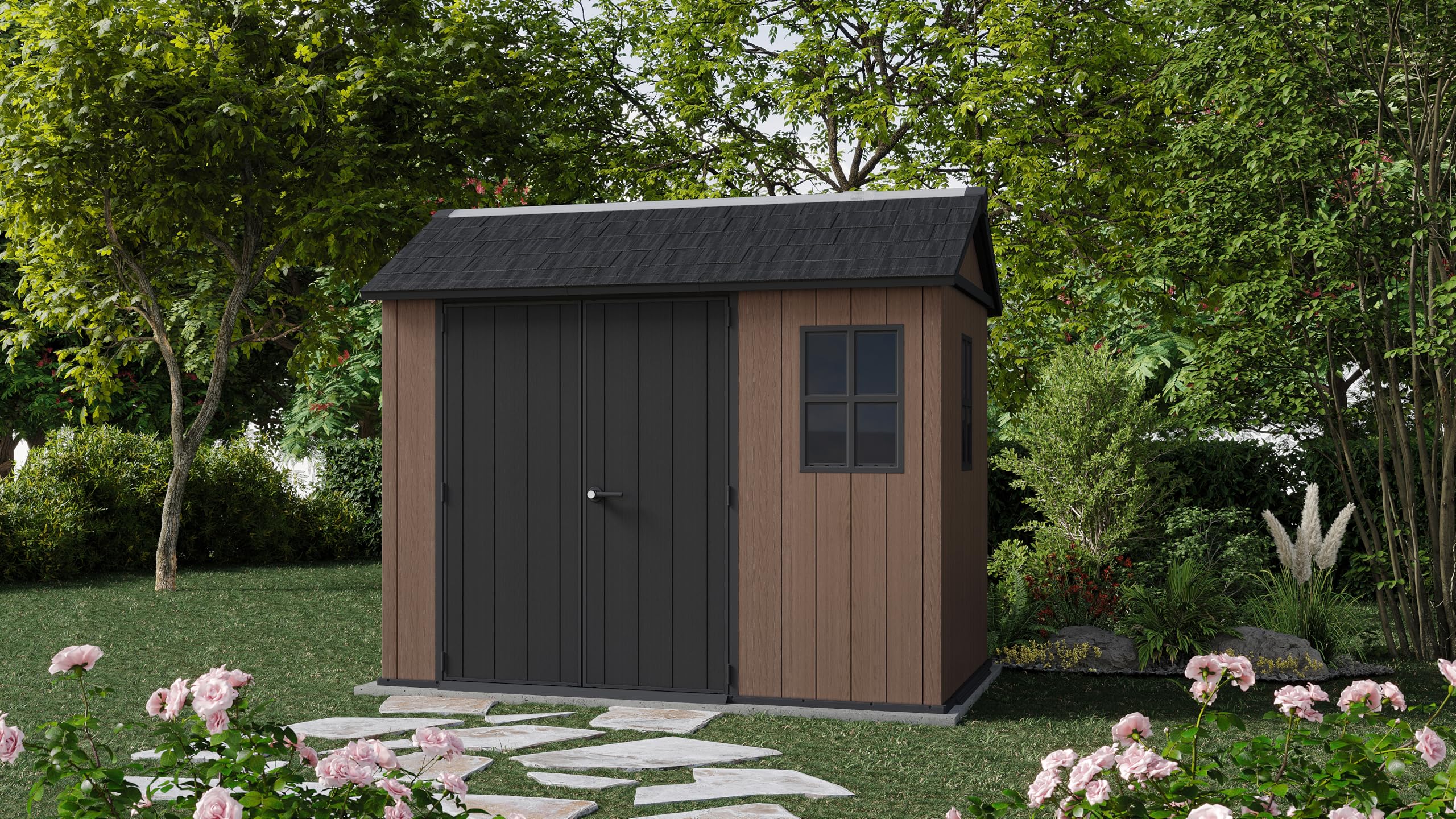 Keter Casetta da Giardino Newton 759/975, Effetto Legno Naturale, Porte e Finestre Orientabili, Marrone, 5,2 m², 230x287x246H cm
