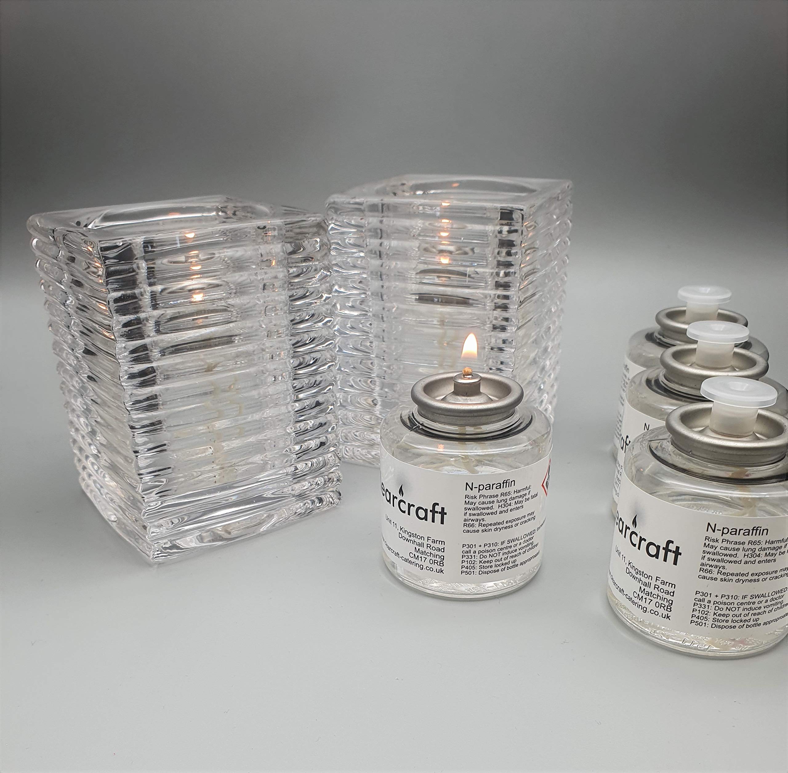 CLEARCRAFT 2 x INDOOR OR GARDEN HEAVY GLASS OIL CANDLE SHADES WITH 6 X 24 HOUR BURNING TIME SMOKELESS, ODOURLESS LIQUID WAX CANDLES