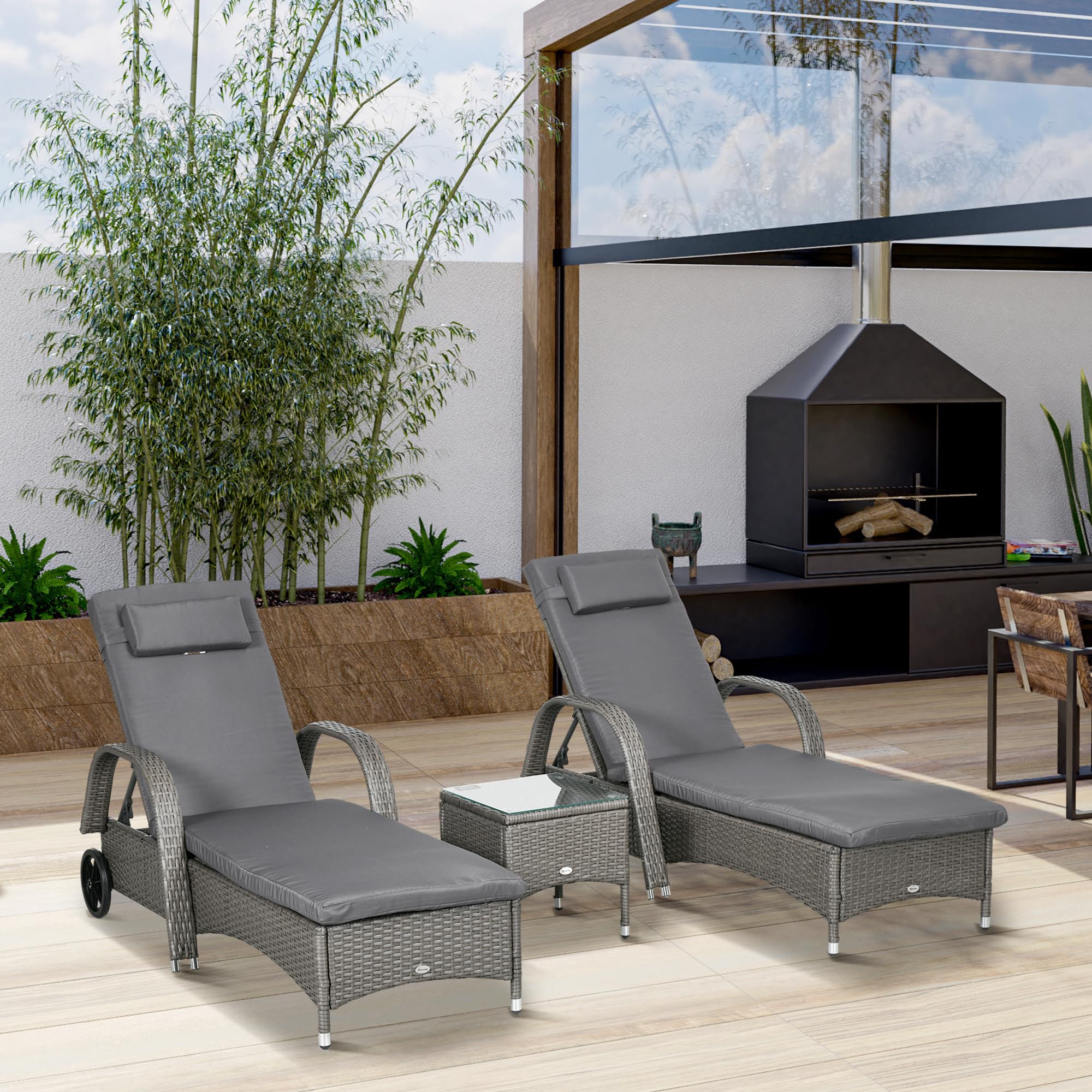 Outsunny Sonnenliege Gartenliege Tisch 3er-Set Gartenmöbel, Polyrattan+Metall Grau+Dunkelgrau