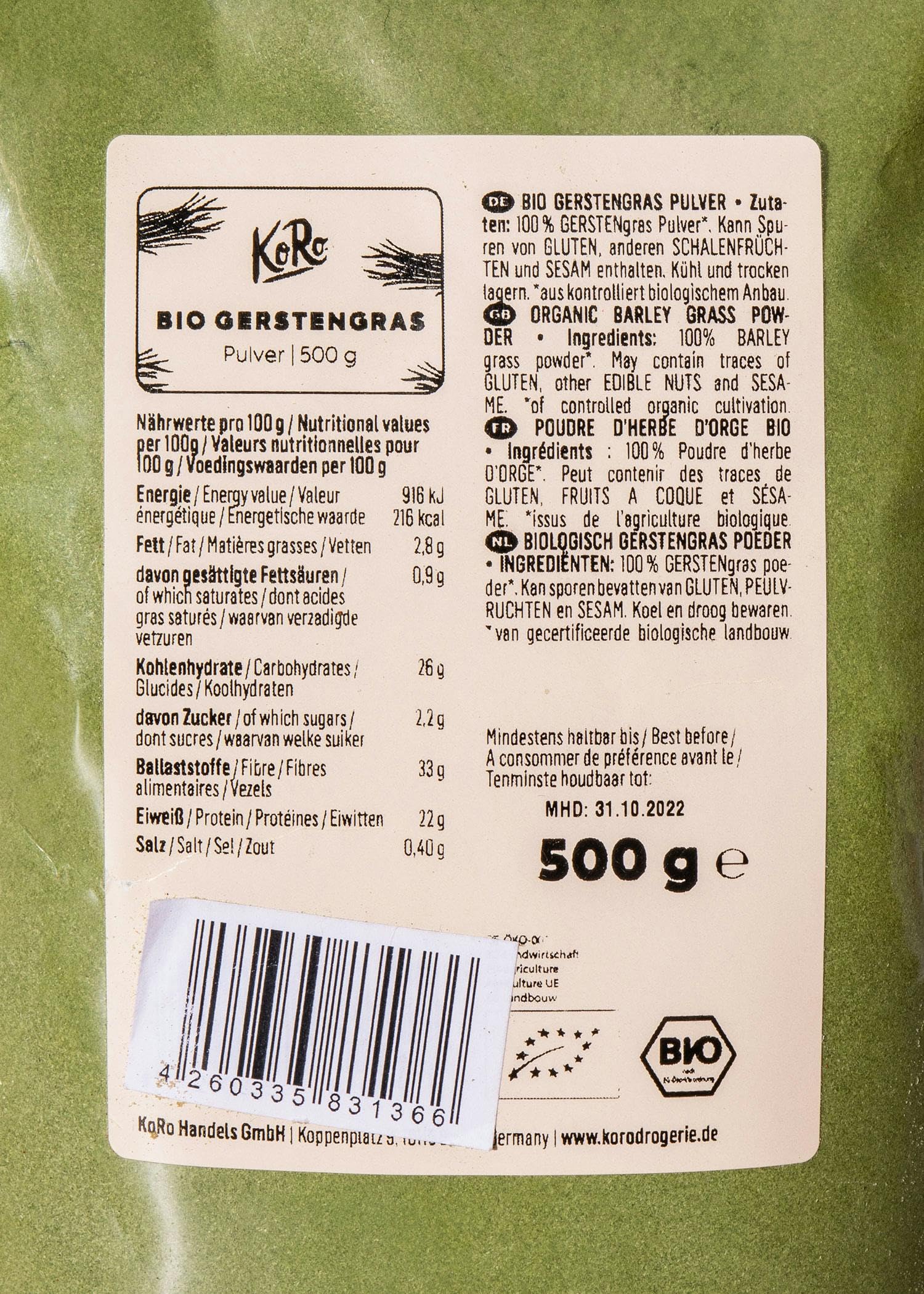 KoRo - Bio Gerstengras Pulver 12 x 500 g - Superfood aus zertifiziert biologischem Anbau ohne Zusätze