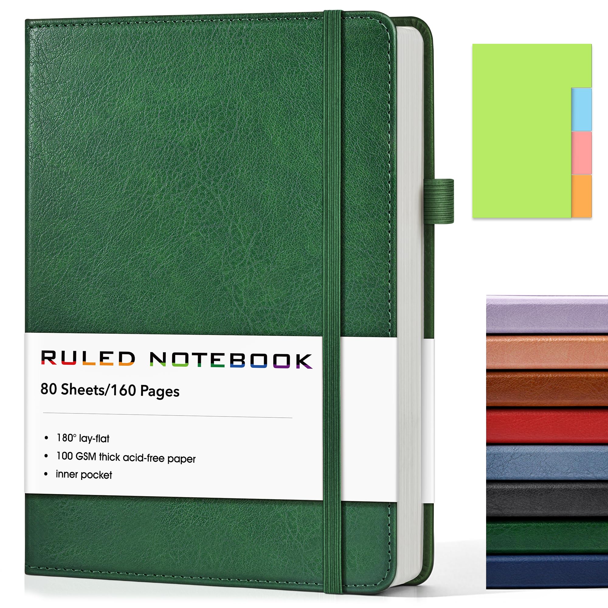 Lined Journal Notebook, A5 Hardcover Leather Journals for Writing, 160 Numbered Pages, 5.7'' x 8.3'' Journaling Notebooks for Men Women, Thick Paper College Ruled Journal for Work Office School, Green