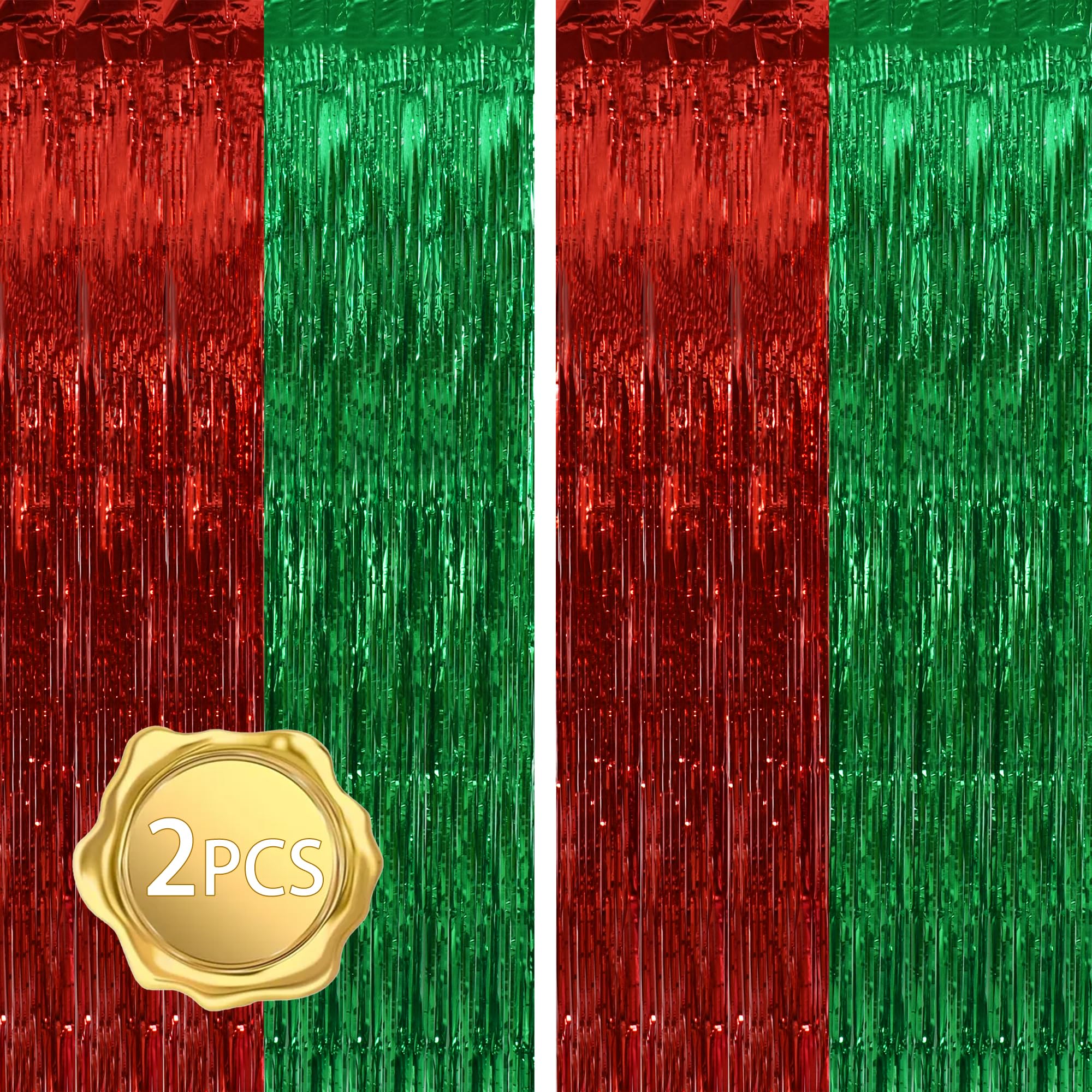 BEISHIDA 2Pcs Red Green Door Streamer Merry Christmas Backdrop Foil Fringe Tinsel Christmas Curtains Backdrops for Christmas' Day Party Decoration (3.28 ft x 6.56 ft)