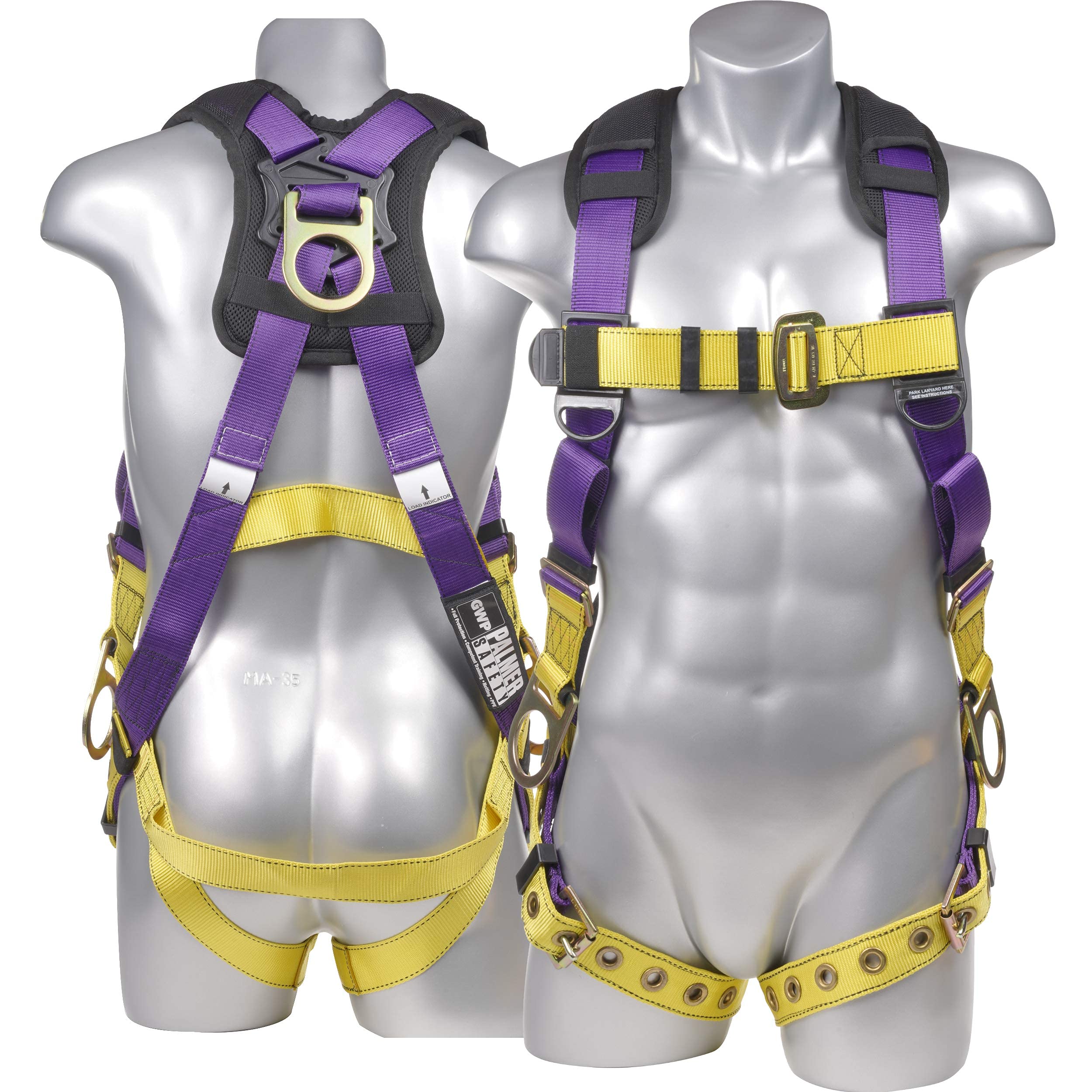 ATERET Full Body Harness w/ 5 Point Adjustment I 3D Ring Fall Arrest Safey Harness with Grommet Legs and Fall Indicators I OSHA ANSI Industrial Roofing Personal Equipment (Purple & Gold - 2XL)