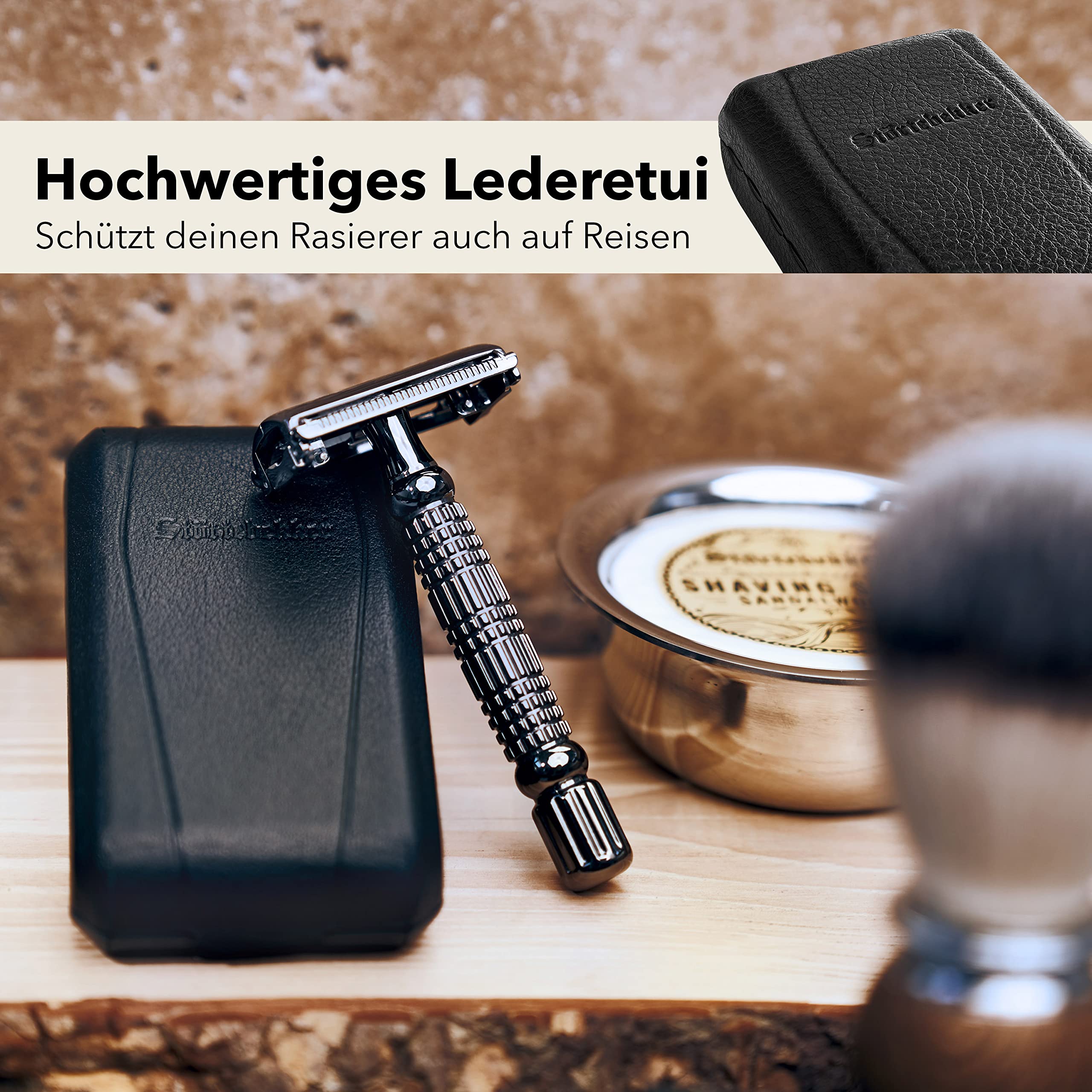 Störtebekker Gentleman Essential Set - Set da rasatura di alta qualità - rasatura perfetta - con rasoio, pennello da barba, sapone da barba, ciotola, lamette, supporto e pietra di allume (Nero)