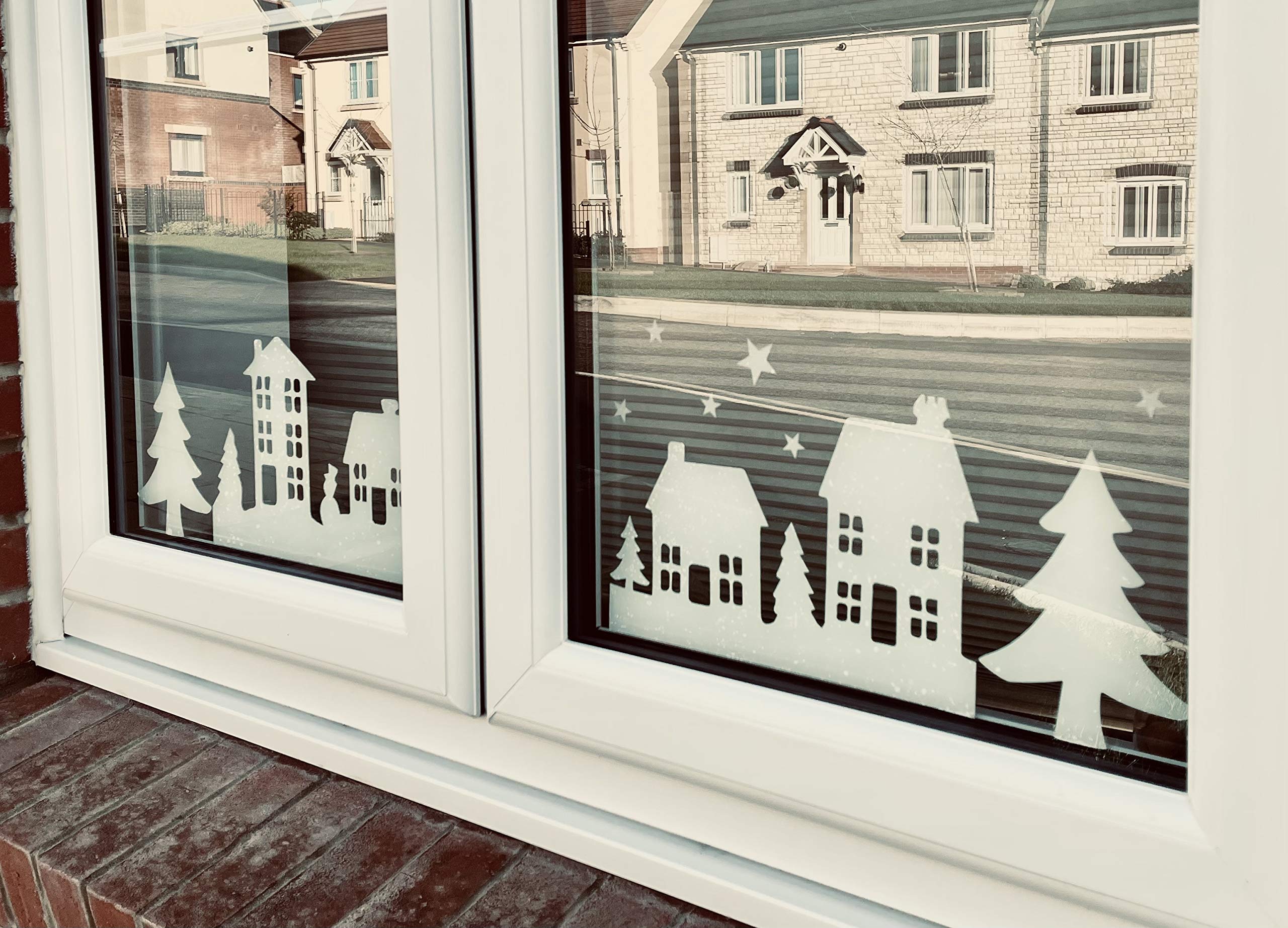 stika.co Reusable Christmas House & Tree Silhouette Window Cling Stickers – Festive Holiday Vinyl Decals for Glass & Perspex