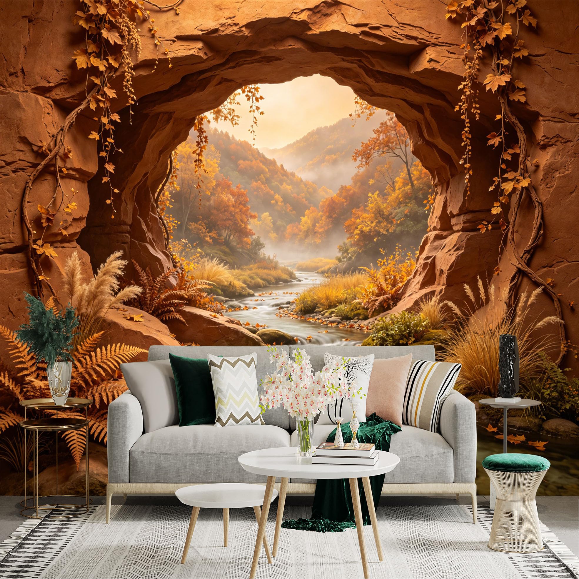 Custom Size Wall Sticker Mural， Autumn Forest River with Rocky Cave and Golden Foliage， for wall Decoration， peelandstick wall Decals.