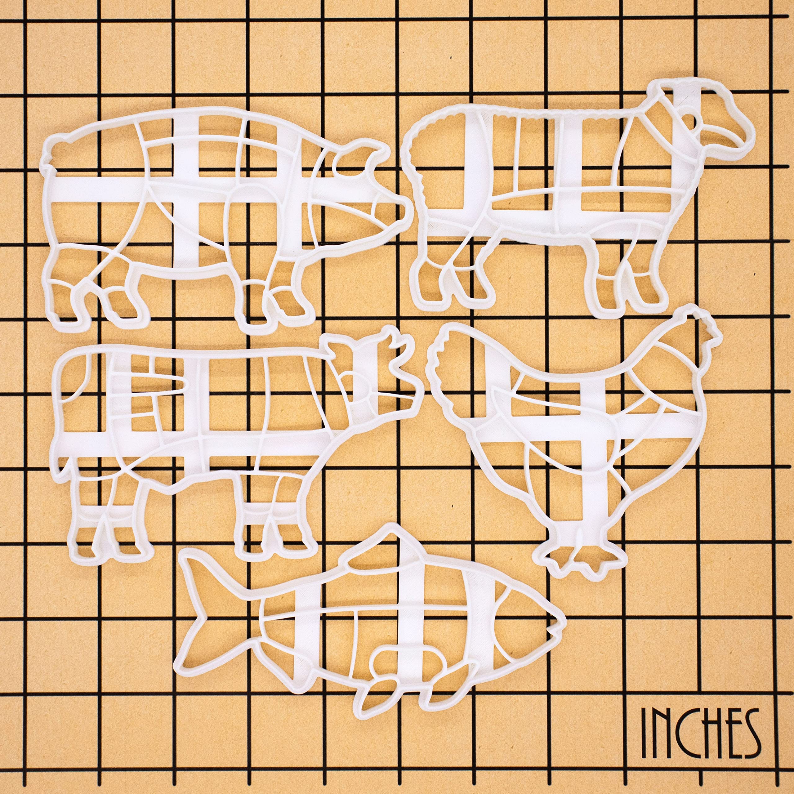 ensemble de 5 emporte-pièces coupe boucherie (motifs: poulet, vache, porc, agneau et poisson), 5 pièces