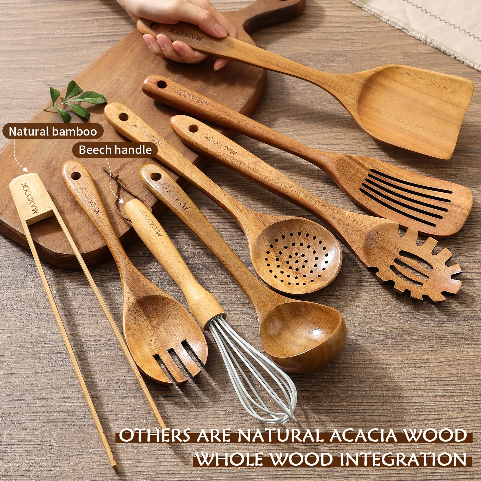 Holzlöffel zum Kochen, 8-teiliges Teakholz-Küchenutensilien-Set, natürliches Akazienholz, antihaftbeschichtet, Pfannenwender, Kochlöffel, leicht, praktisch, einfach zu waschen, Kochutensilien