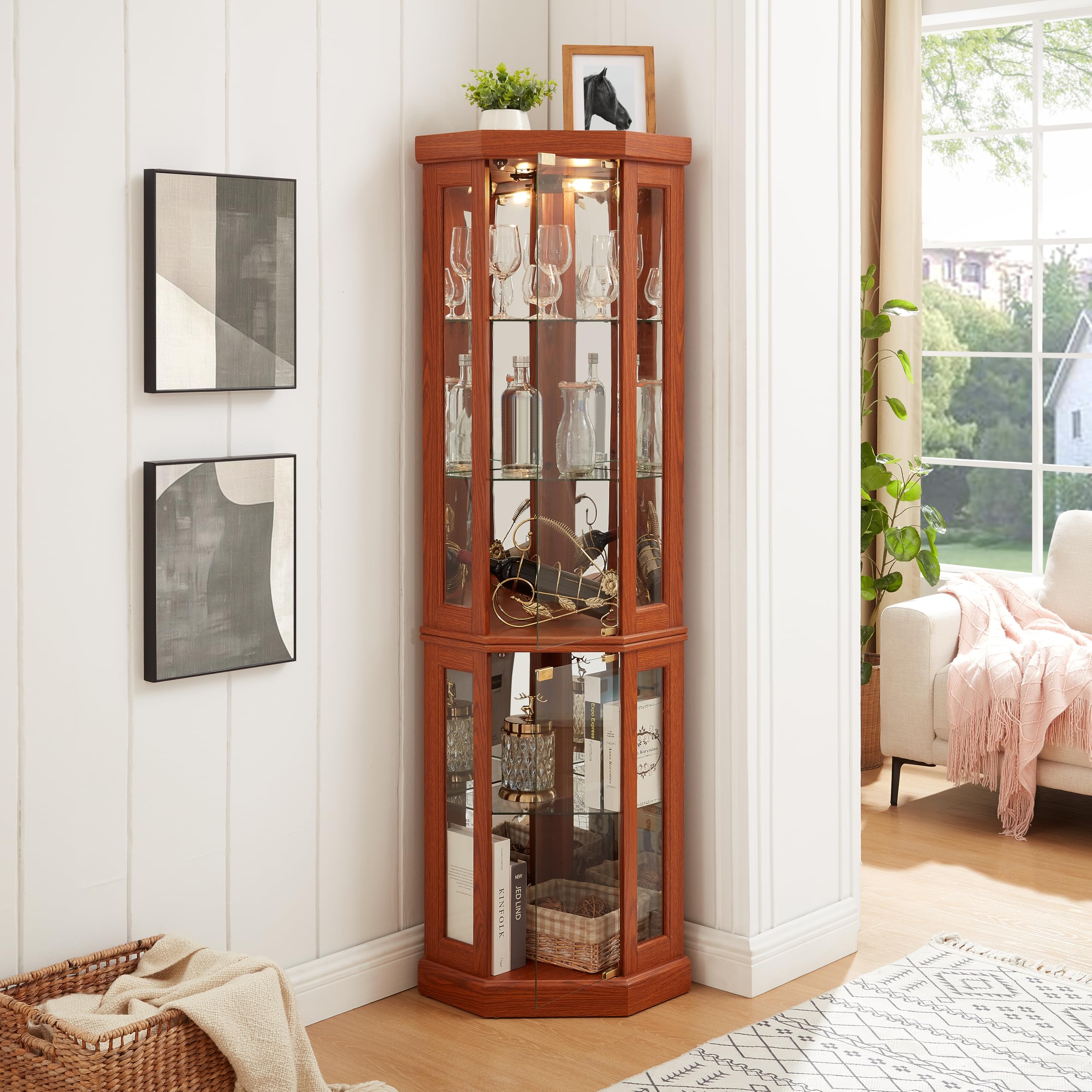 70" Lighted Corner Bar Cabinet, Bistro Cabinets with Side-Hung Glass Doors &amp; Adjustable Shelves, Pantry Cabinet with Mirrored Back for Home Display &amp; Storage, Dark Oak