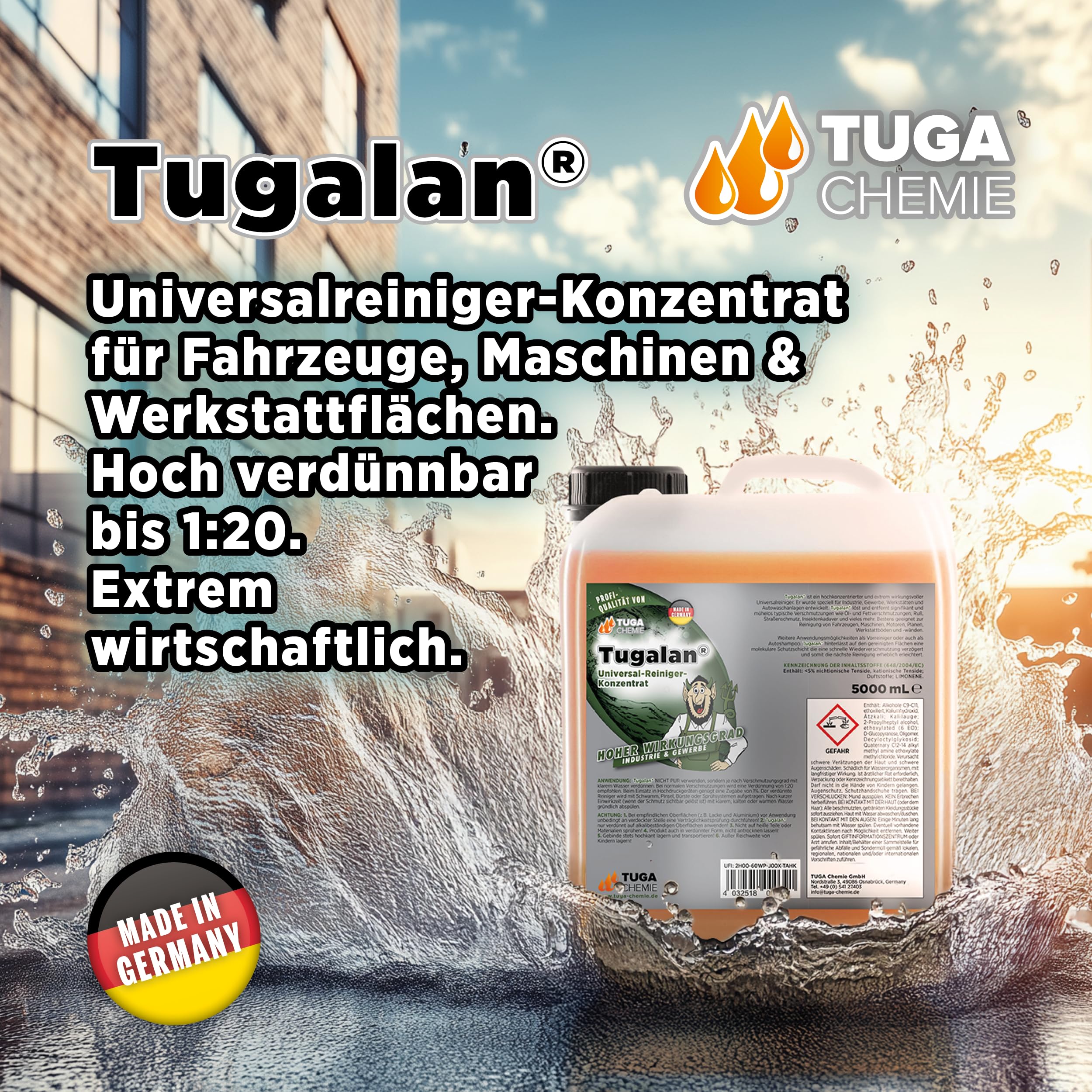 Tuga Chemie Tugalan Werkstattreiniger Konzentrat, 5 L Kanister, kraftvoll | Industrie- & Werkstattreiniger gegen Öl, Fett & Schmutz, Hochkonzentriert, Vielseitig Einsetzbar, Made in Germany