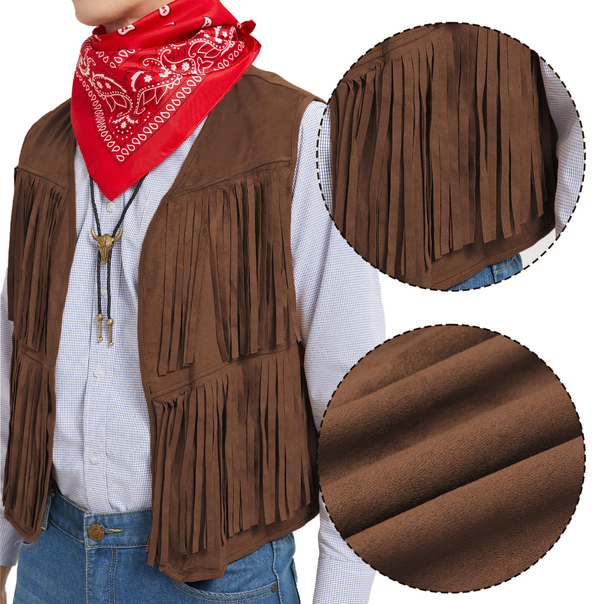 Kostium kowbojski dla mężczyzn cosplay kamizelka z frędzlami kapelusz bandana naszyjnik vintage karnawał hippie kostium dla dorosłych