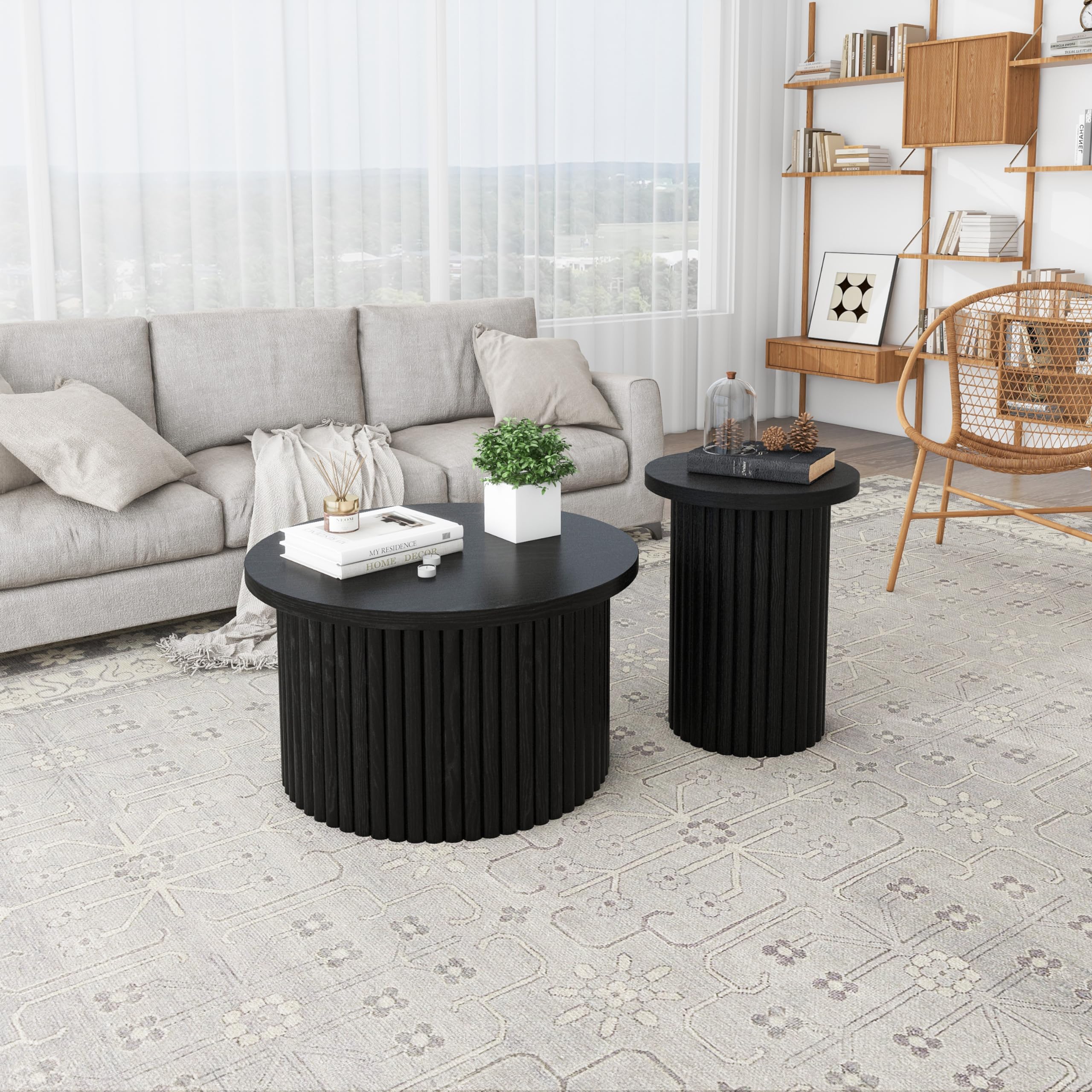 KEIKI Round Nesting Coffee Tables Set of 2, Modern Accent End Table for Living Room Office Bedroom, Black