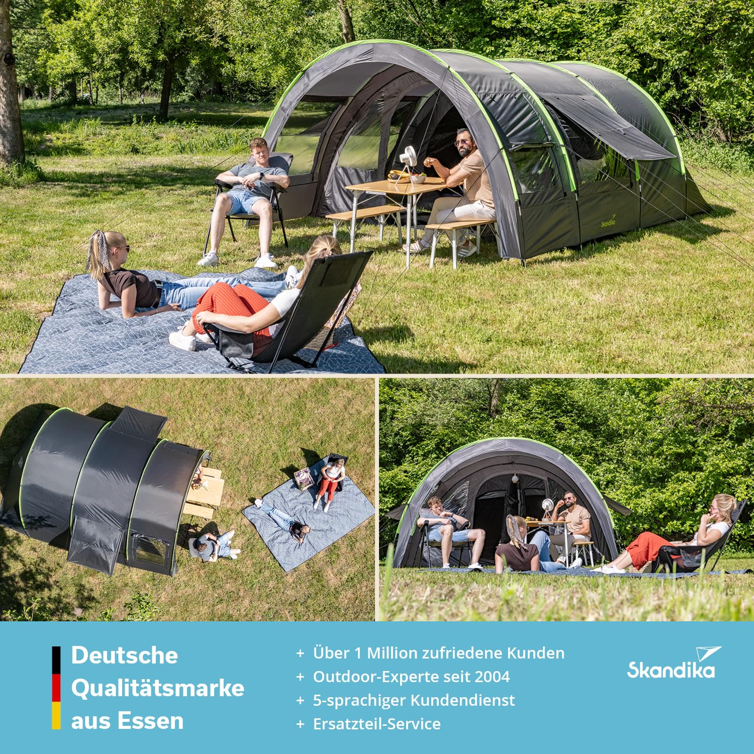Skandika Tunnelzelt Kemi für 4 Personen | Camping Zelt, 2 Schlafkabinen, 2 m Stehhöhe, wasserfest, 3000 mm Wassersäule, Frontwand versetzbar, Vorzelt | Campingzelt, Familienzelt