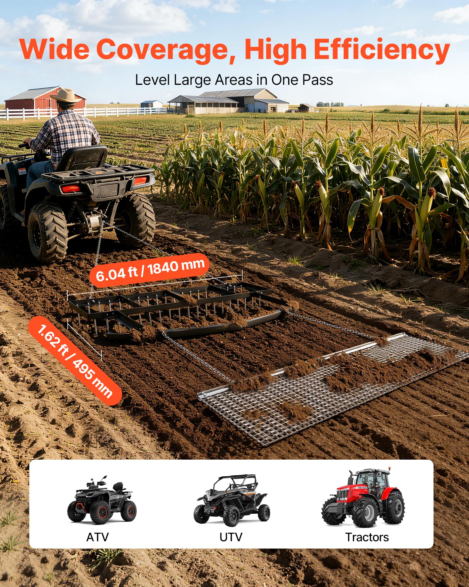 VEVOR Niveladora de Camino de Entrada Remolcable 1,8 m con Rastra de Cadena, Rastrillo Nivelador de Césped Resistente, Compatible con ATV, UTV, Tractores, para Caminos de Grava, Nivelación de Campos