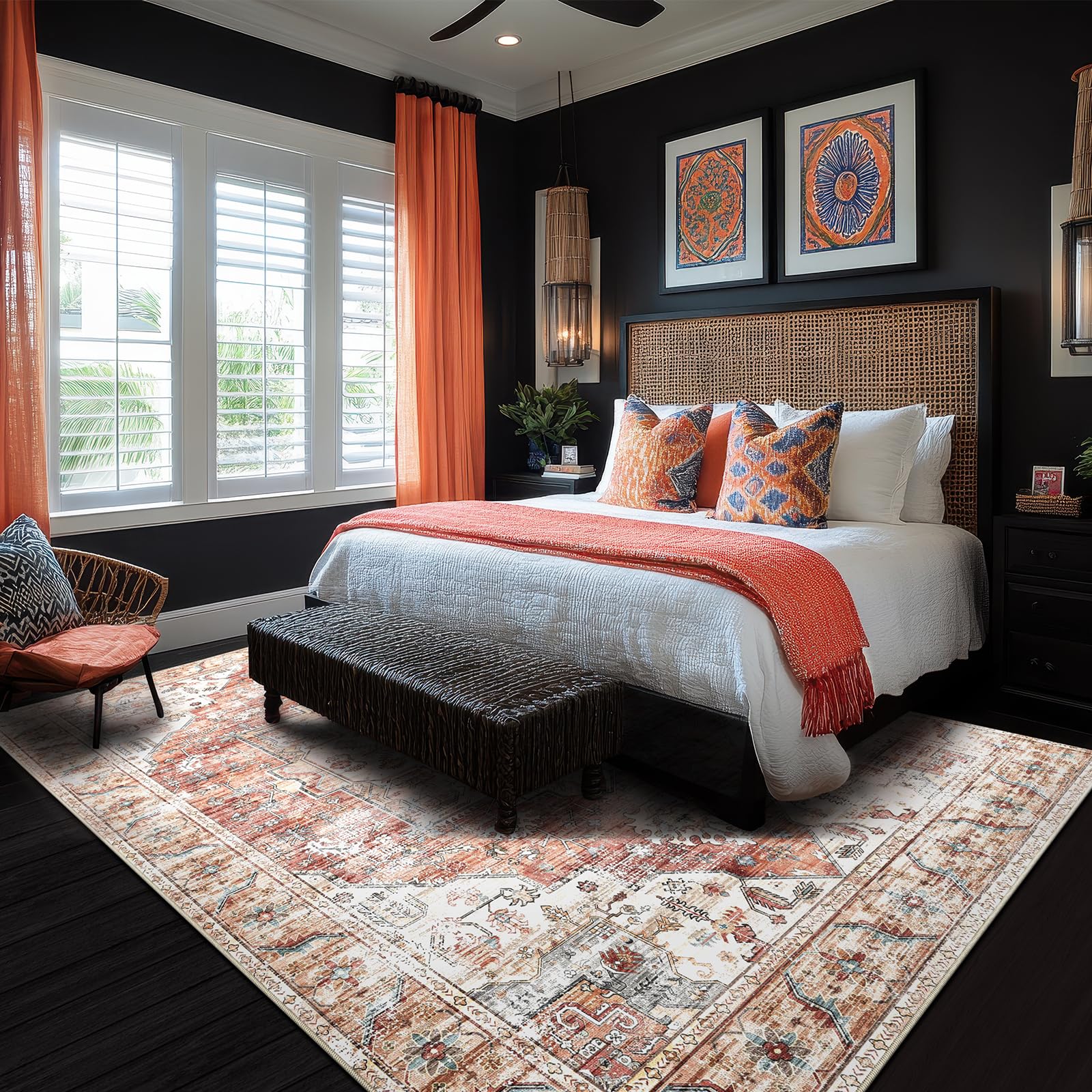 XSIVOD Orange Area Rugs for Living Room, Washable Large Rugs for Bedroom, Non Slip Vintage Rugs for Dining Room Office, Soft Low Pile Floral Rug Accent Floor Carpet for Home Decor, 240 x 300 cm