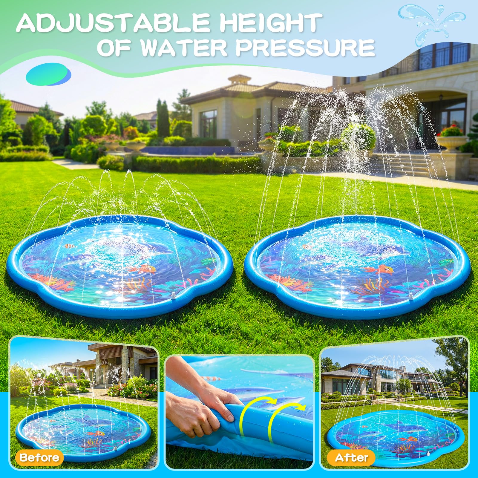 ChlorBlu Splash Pad,186CM Almohadilla Aspersor de Juego PVC, Tapete de Juegos de Agua para Actividades Familiares,Aspersor de Agua para Niños y Perros,Juguetes Acuáticos para Exteriores Fiesta Jardín