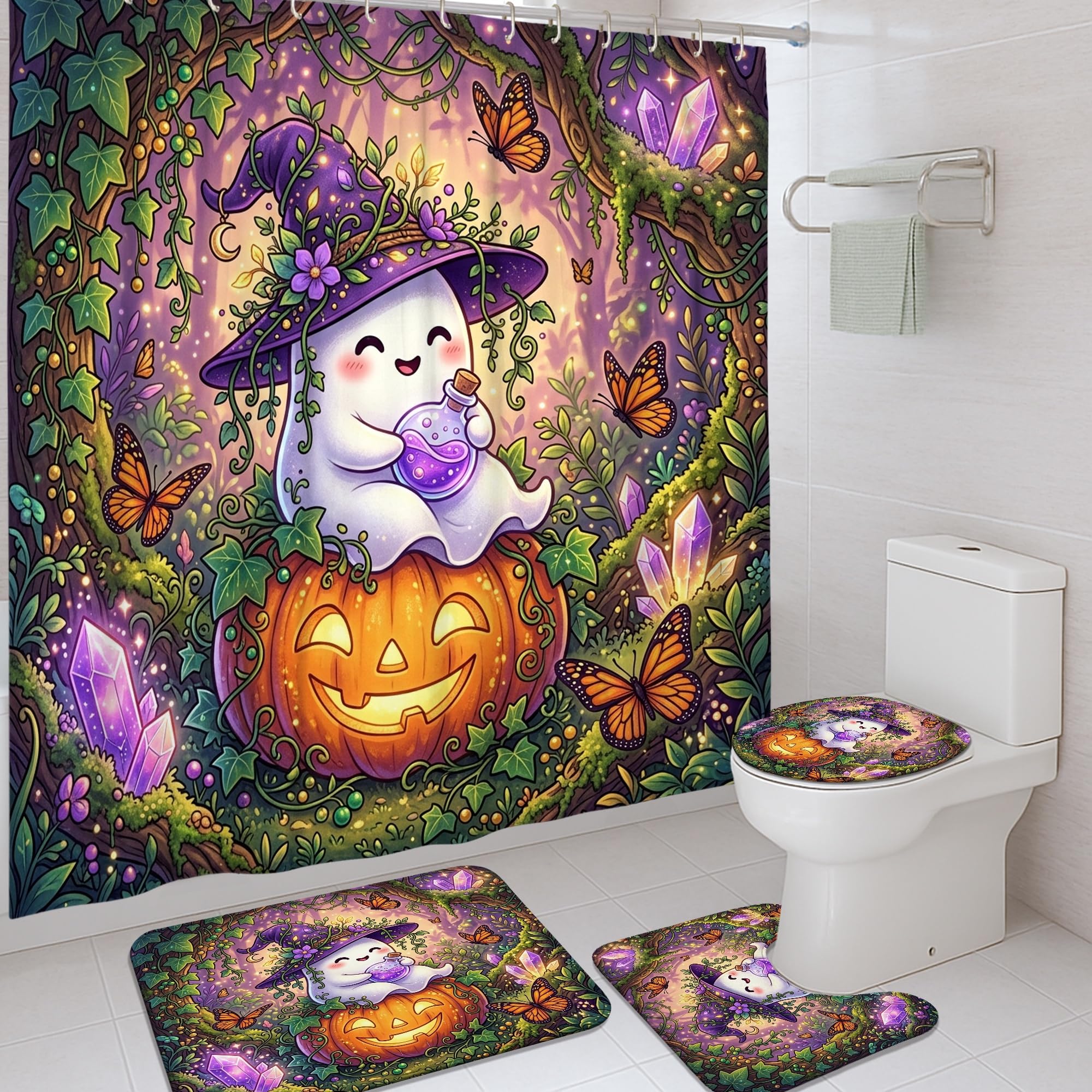 Rideau de douche fantômes Halloween orange avec tapis de bain absorbant en tissu imperméable