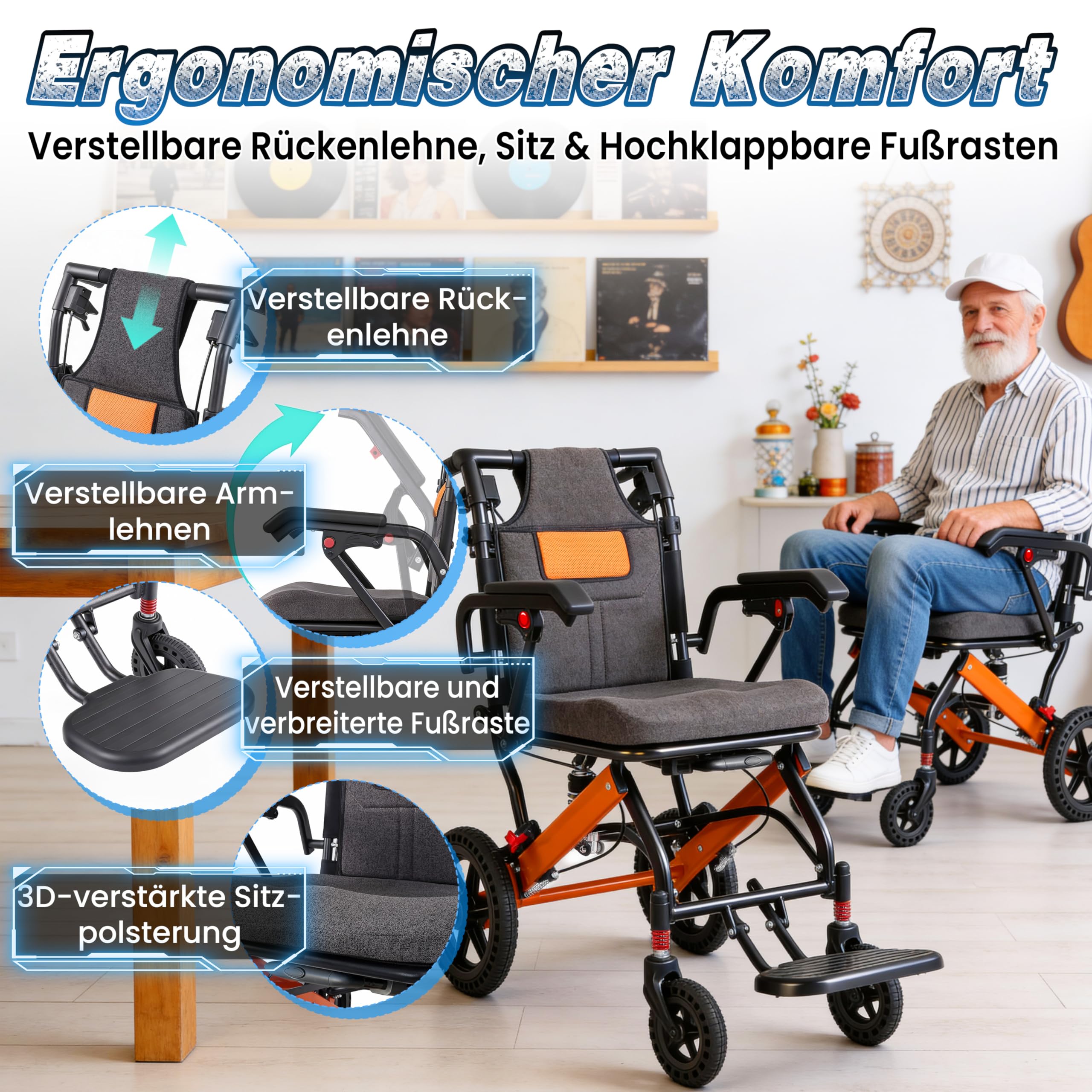Verbesserte Rollstuhl Faltbar Leicht,Verstellbare Rückenlehne, Transportrollstühle mit Teleskopstiel, 28CM groß Honeycomb Gelände Reifen, Reisetasche, Backpack, Aufblasbare Sitzkissen