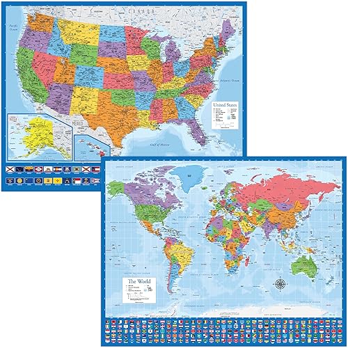 Miniatura 9 de Paquete de 2 pósteres de mapa del mundo gigante y mapa de Estados Unidos, tamaño extragrande, mega carta del mundo y Estados Unidos, laminado, 46 x