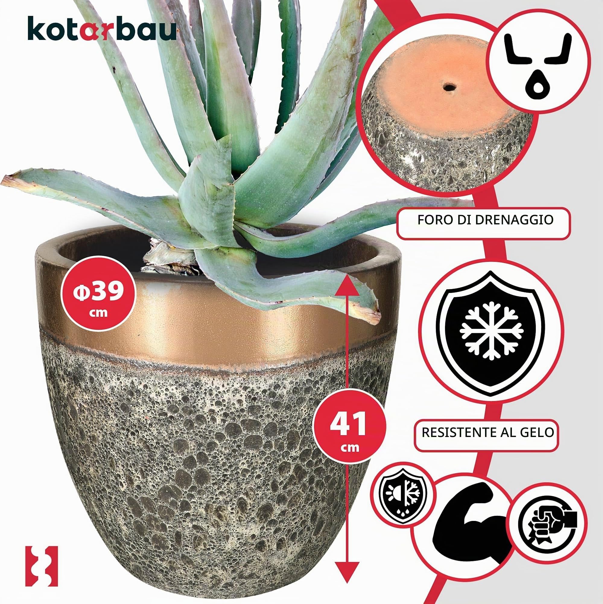KOTARBAU® Vaso da fiori, altezza 41 cm ⌀ 46 cm, vaso per piante in ceramica dorato, vaso per fiori resistente al gelo, vasi per piante per esterno, vaso da fiori per interni ed esterni, vaso per