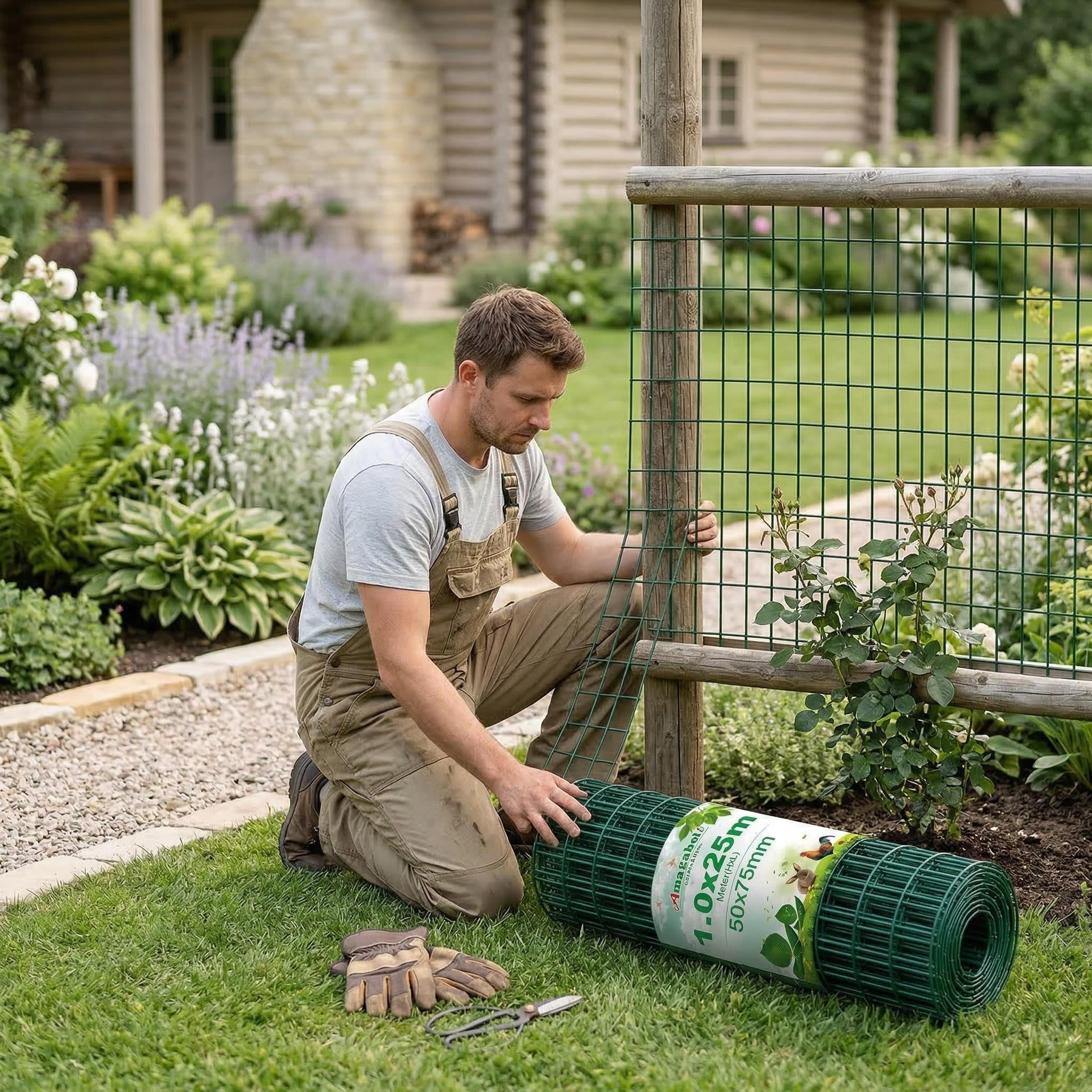 Amagabeli 1.14Mx25 M Malla Metalica Electrosoldada Galvanizada y PVC, Valla Metálica de Jardín, Malla 50x75 cm, Rollo de 2.0 mm para Protección y Cercado Residencial, Verde RAL6005 (Conejera, Perros)