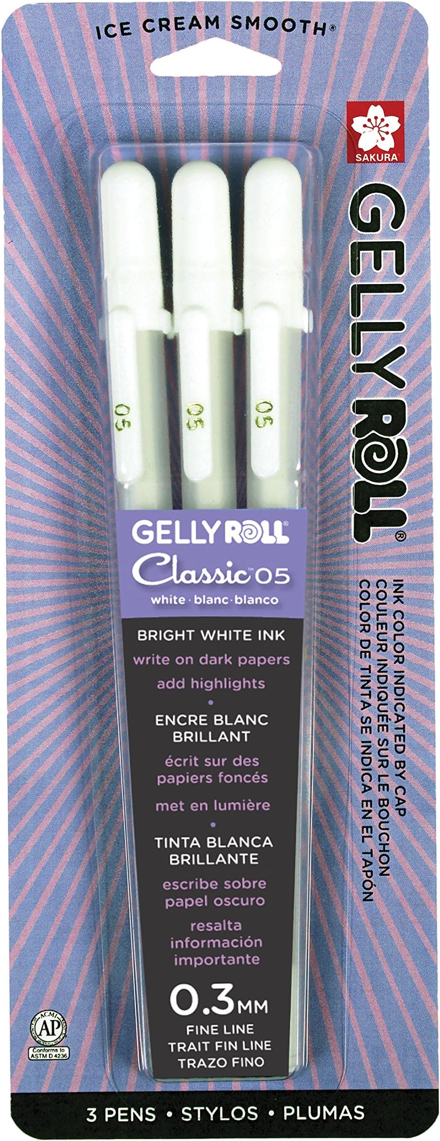 Gelly Roll Classic White 3 Pack, 05 Fine Pt., Opaque Gel Pens, Creamy Smooth Ink, Writes on Dark Paper