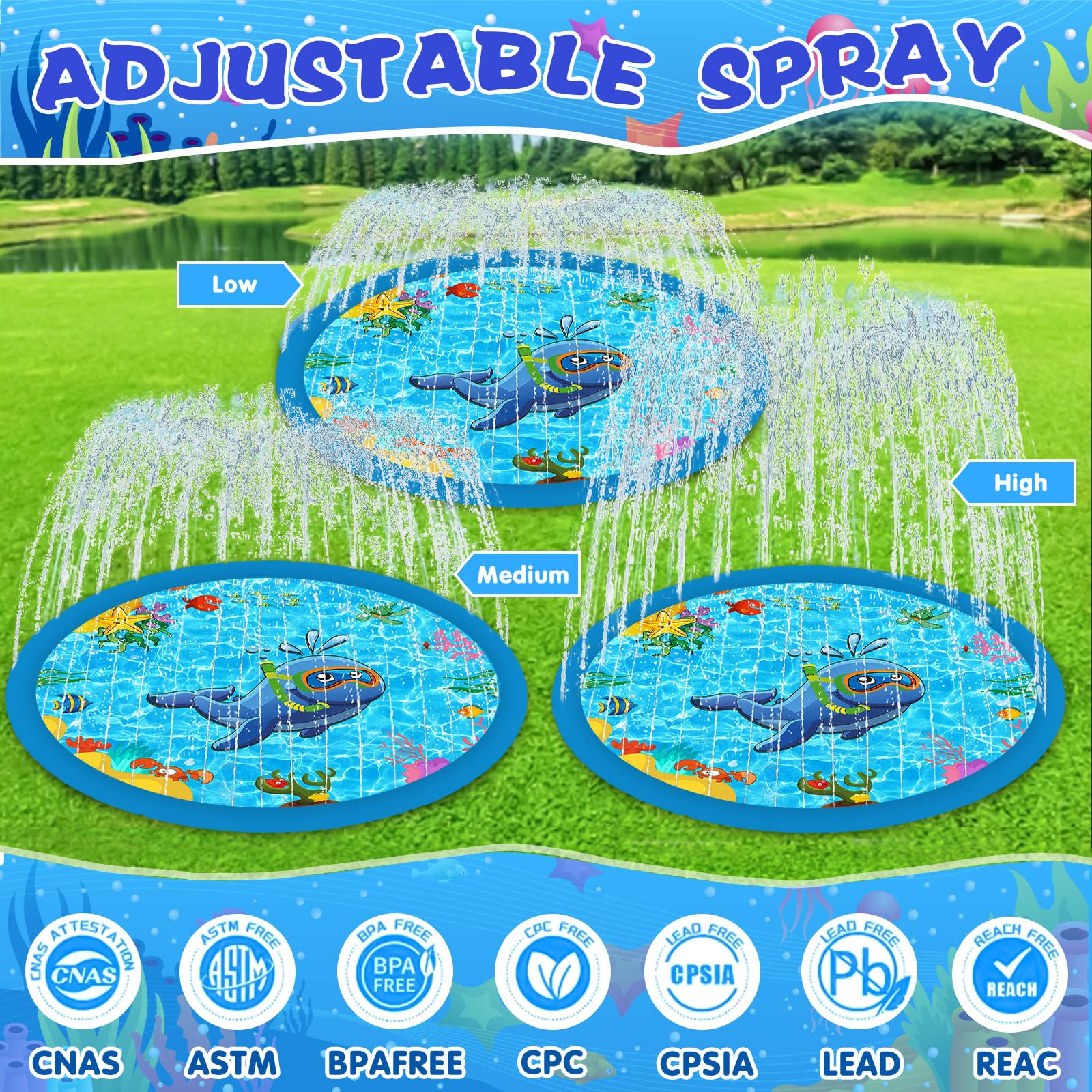 ENCOUN 170cm Tappetino Gioco d'Acqua, Tappetino Giocos d'Acqua per Bambini, Tappetino da Gioco con Spruzzi d'Acqua, Tappetino Giochi Acquas per Cane e Bambini, Splash Pad Esterni da Giardino Estivo