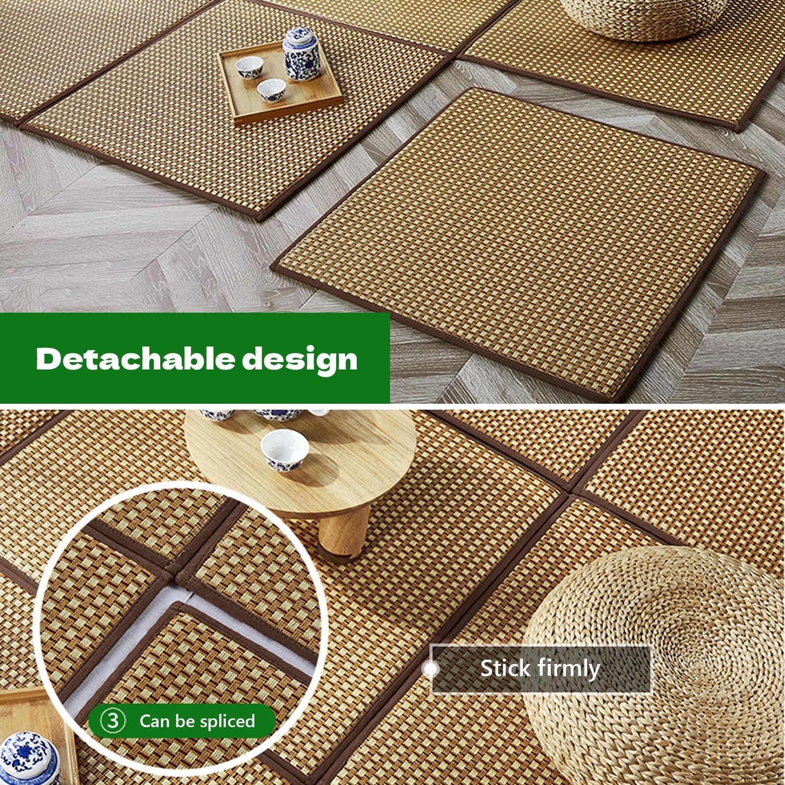 Tatami Tapis de sol antidérapant et pliable en rotin pour salon et chambre à coucher, tapis de jeu d'été avec sac de rangement, idéal pour ramper (8 pièces, 50 cm x 50 cm)