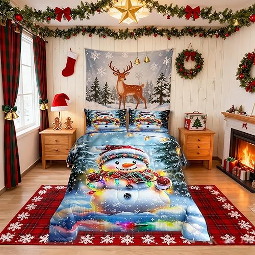 Miniatura 18 de Juego de edredón de Navidad para niños tamaño queen, ropa de cama festiva de dulces navideños, decoración de dormitorio/cabaña de Navidad para Multi