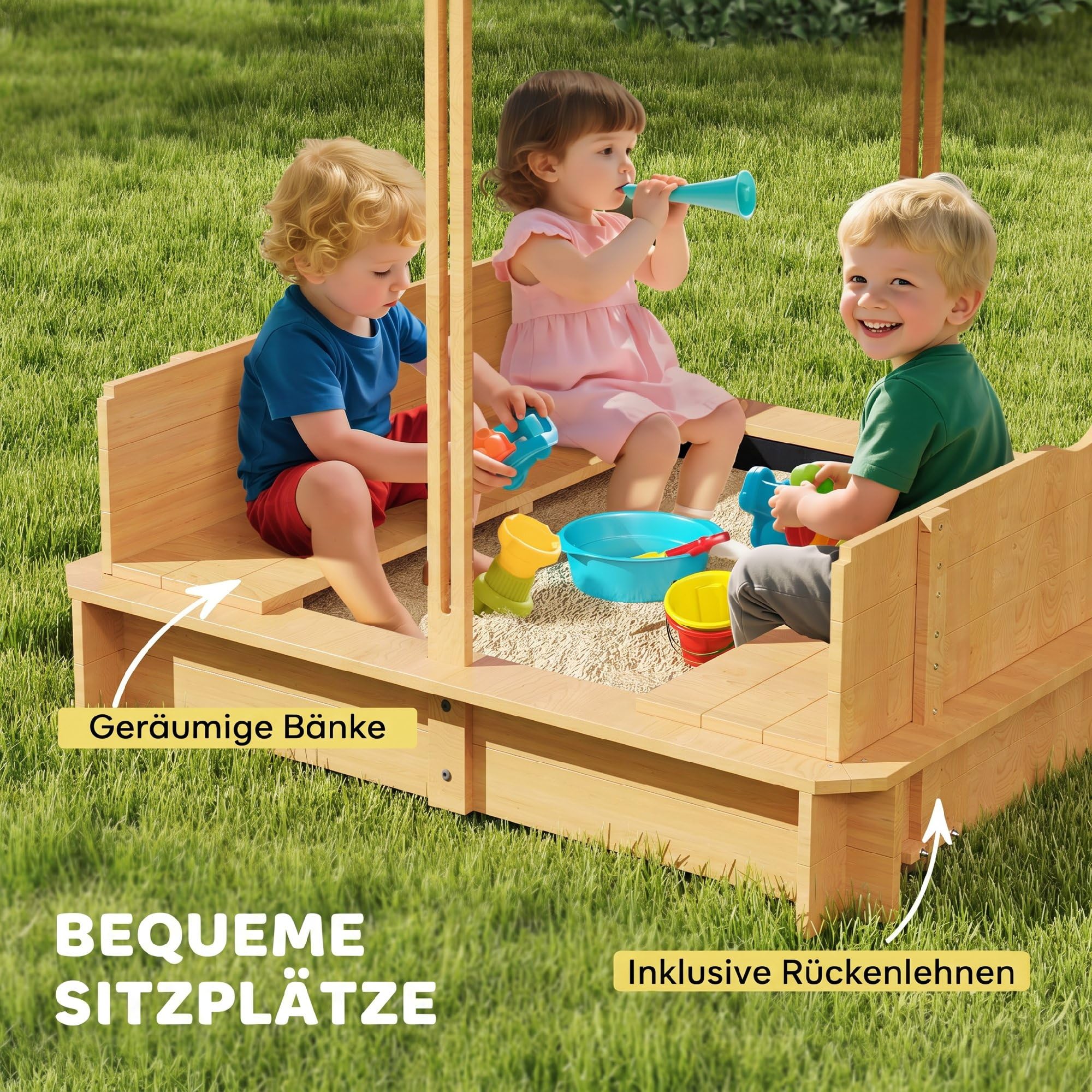 Outsunny Sandbox 106 x 106 cm per bambini con copertura regolabile in altezza, sabbiera in legno con panche schienale per esterni, giardino, terrazza, balcone
