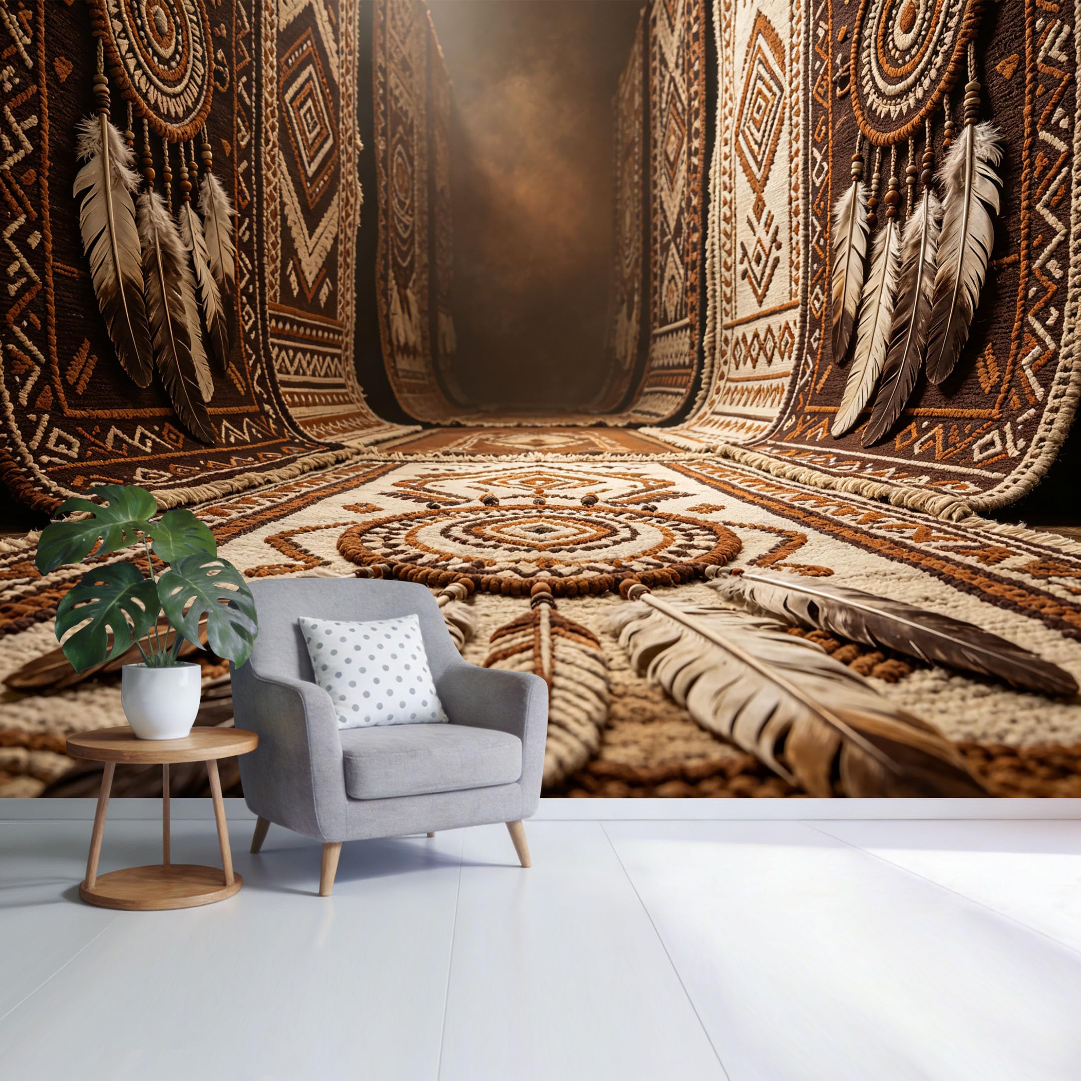 Custom Size Wall Mural Tribal Geometric Pattern Feather Textile Design Vintage Bohemian Style SelfAdhesive Wall Fabric Removable Wallpaper for Home Office Decor