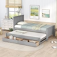 Vista 28 de RUNNA Elegante cama de plataforma de tamaño Queen con estantes extraíbles, cama de almacenamiento de madera con nido de tamaño individual