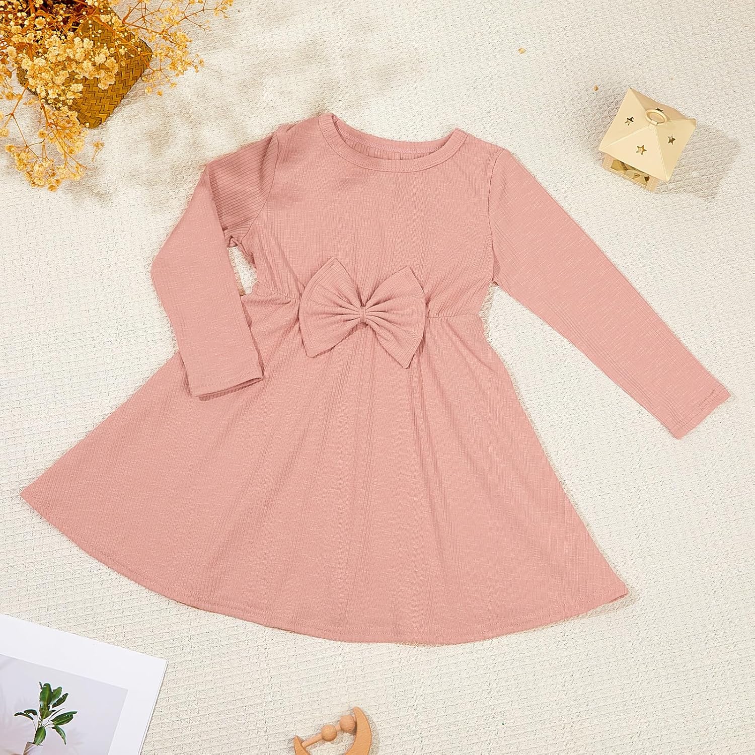 ICOSY Toddler Girls Knit Dress for Baby Girl Long Sleeve Fall Dress Ribbed Ruffle Dresses for Little Girls with Bow Knot - Image 3